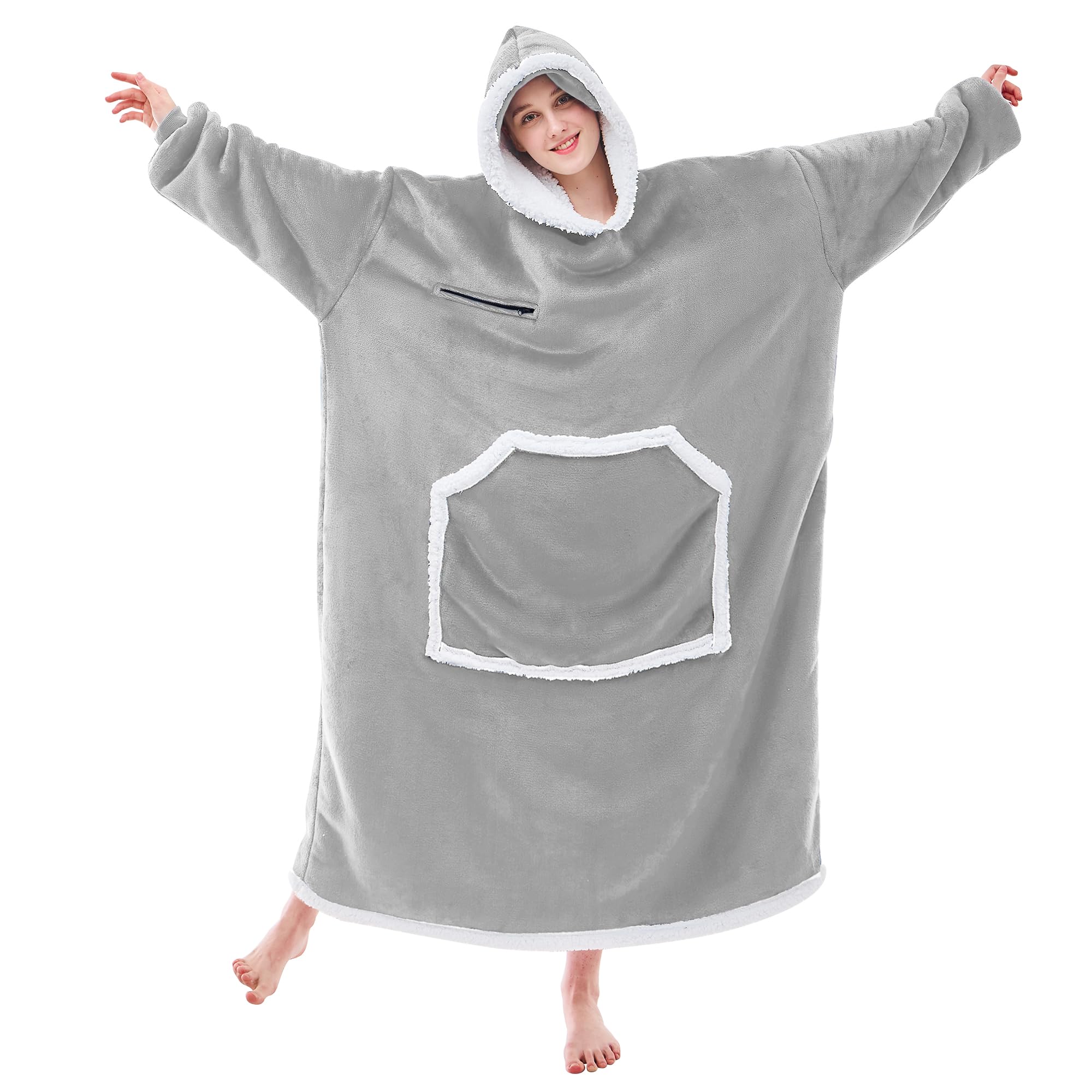 IFNOW Wearable Blanket Hoodie,Oversized Sherpa Hooded Blanket Sweatshirt with Eye Mask and Pocket,Cozy Flannel Blanket with Sleeves for Adult,Birthday Christmas Gifts for Women Mom Girlfriend,Grey