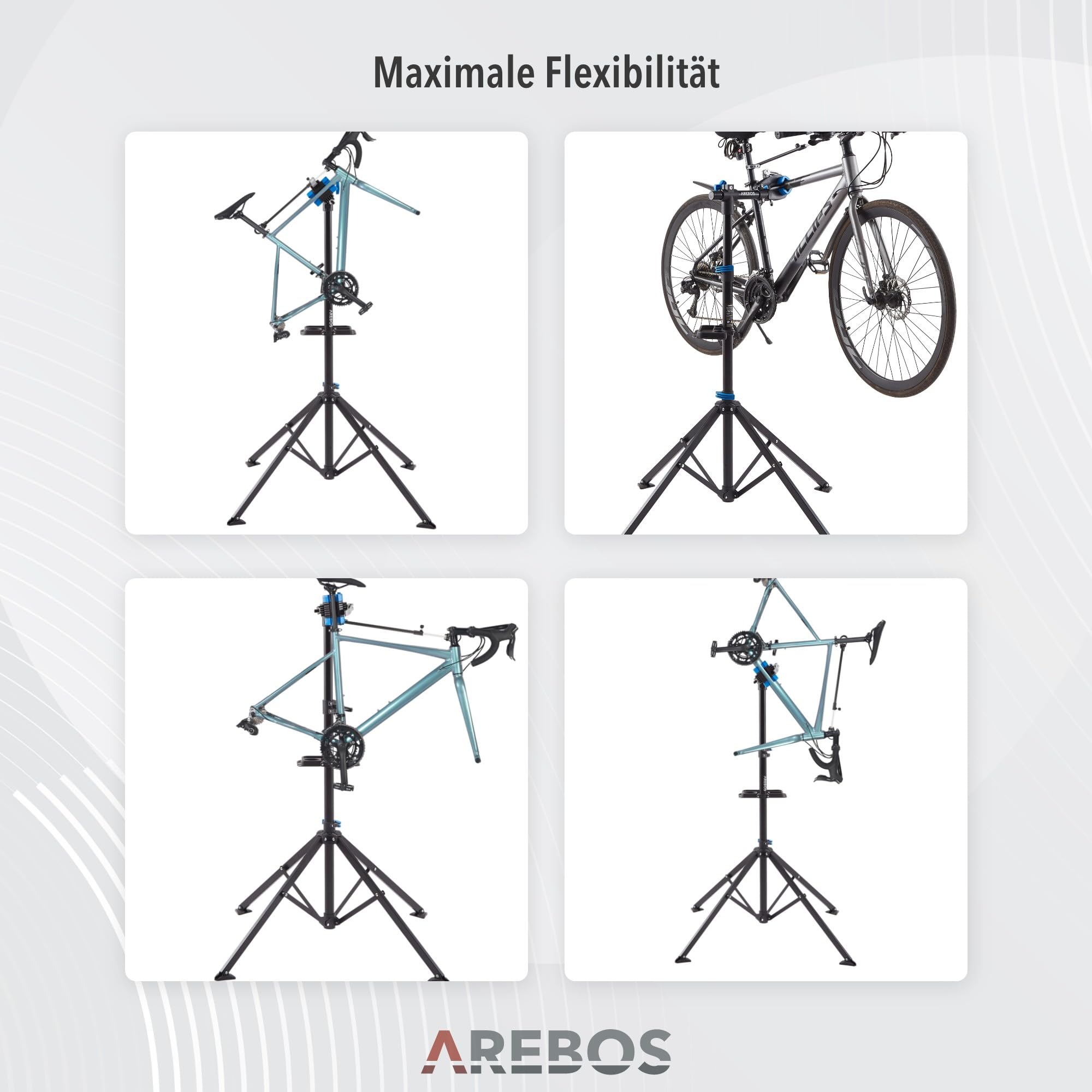 Arebos Fahrrad-Montageständer mit Tasche, 360° drehbar, für Mountainbike, E-Bike und Citybike, mit Schnellspannvorrichtung, Profi-Reparaturständer Schwarz/Blau