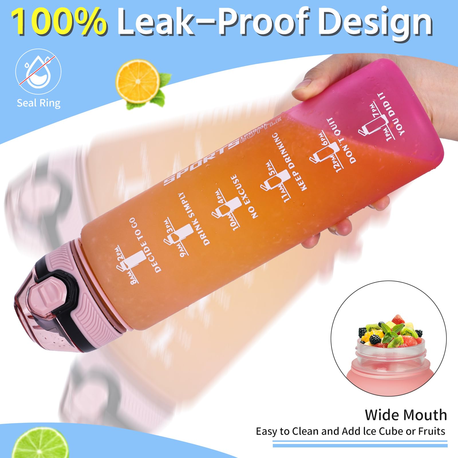 Borraccia 1 litro senza BPA, Borraccia Motivazionale con Cannuccia e Orari per Bere, Borraccia Palestra Antigoccia, Water Bottle per Studio Fitness, Scuola, Ufficio