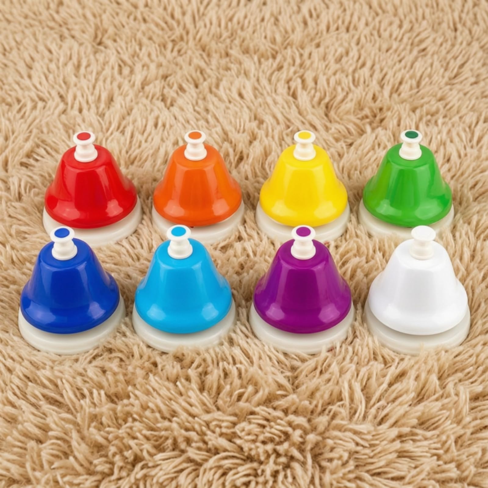 8 Pezzi Campanello Musicale con Pulsante Colorato Campana a Mano con Base Bianca Risonante per Aula Scolastica
