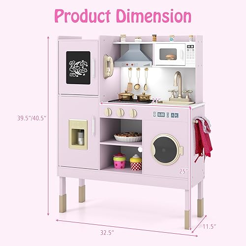 Miniatura 9 de HONEY JOY Juego de cocina para niños, cocina de madera para niños pequeños, microondas, utensilios de cocina, lavadora, campana extractora, juego de