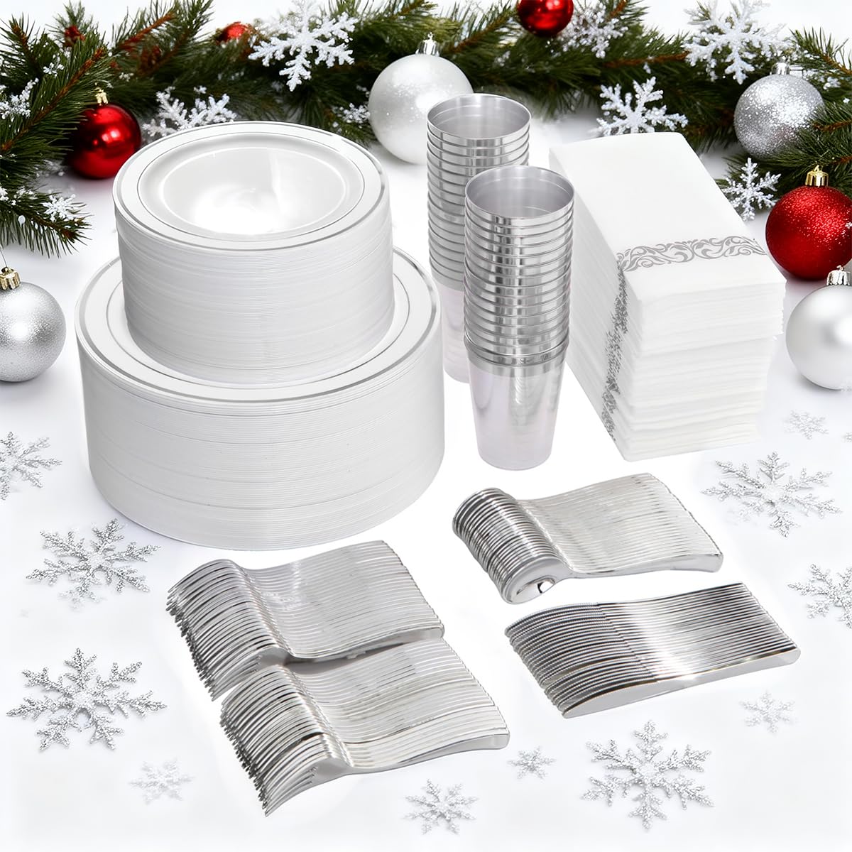 I00000 700 Piece Silver Dinnerware Set for 100 Guests-100 Dinner Plates, 100 Dessert Plates, 100 Disposable Cups 10 oz, 100 Paper Napkins, 100 Plastic Silverware Set Perfect for Party & Wedding