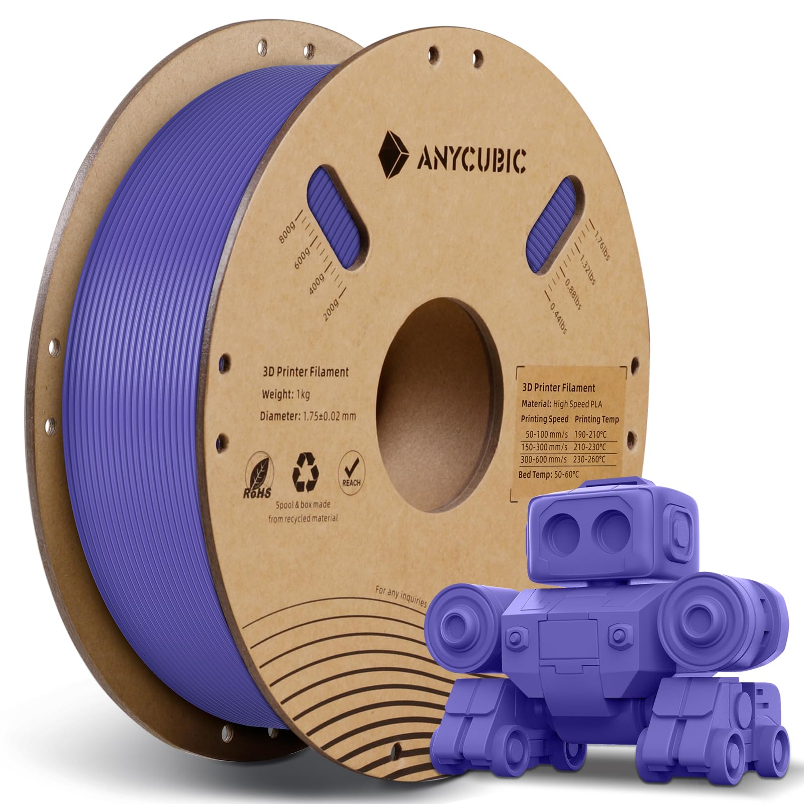 ANYCUBIC Filamento PLA ad Alta Velocità 1,75 mm per Stampante 3D Stampa, Filamento PLA Veloce con Identificazione RFID, Precisione Dimensionale +/- 0,02 mm, Viola Opulenza 1KG