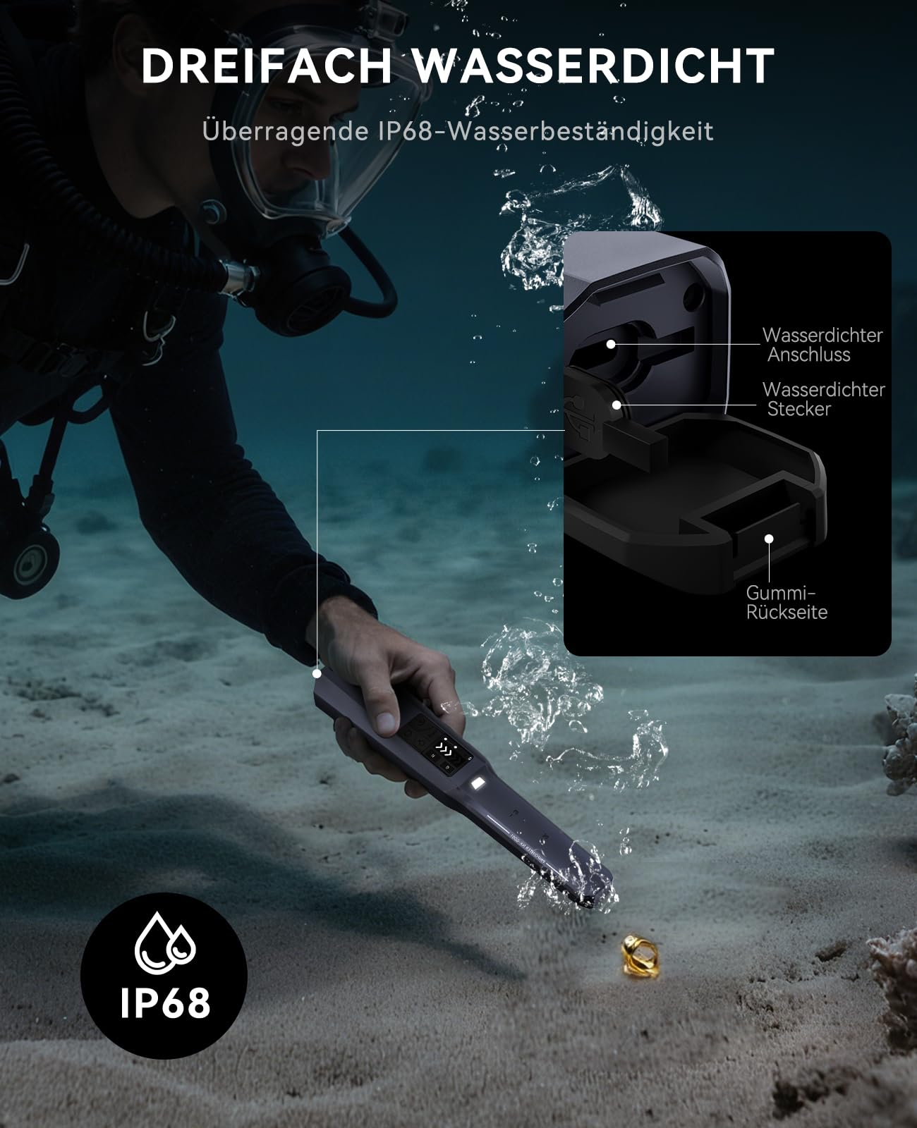 SUNPOW Pinpointer Metalldetektor Profi Exklusiv für Erwachsene,800MAH Wiederaufladbare Lithium Batterie, Voll IP68 Wasserdicht, Upgraded Chip & LCD Bildschirm, 4 Modi, 3 Licht mit SOS