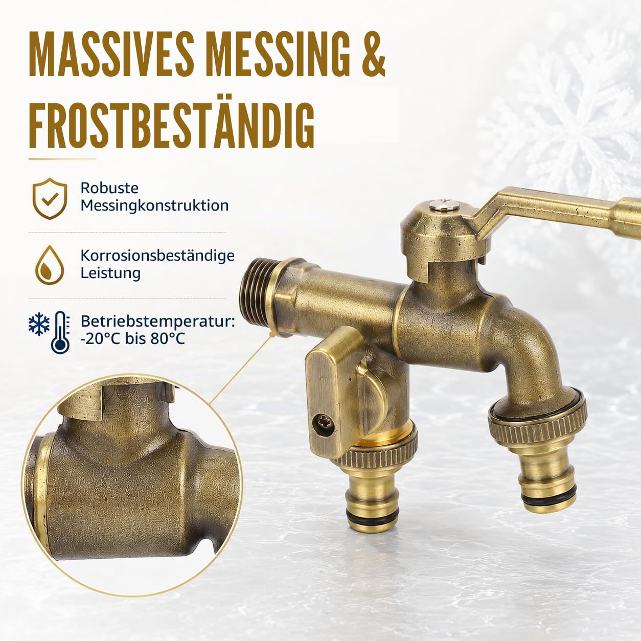Außen Doppelwasserhahn Set, Doppel Wasserhahn Garten 3/4 Zoll, Outdoor Garten Wasserhahn mit 25mm Doppelauslass wandmontiert frostsicher antiker Messing Wasser Splitter für Gartenschlauch