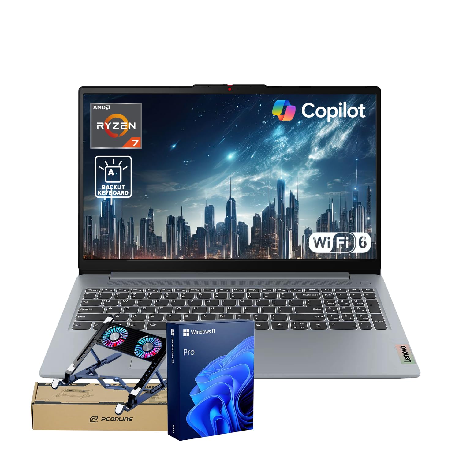 Lenovo IdeaPad Slim 3 Business Laptop, 15,6" FHD, AMD Ryzen 7 5825U, 16GB RAM integrata, 512GB SSD, Wi-Fi 6, webcam, retroilluminato, W11 Pro, Copilot & AI Productivity, Bundle con PCO Laptop Cooler
