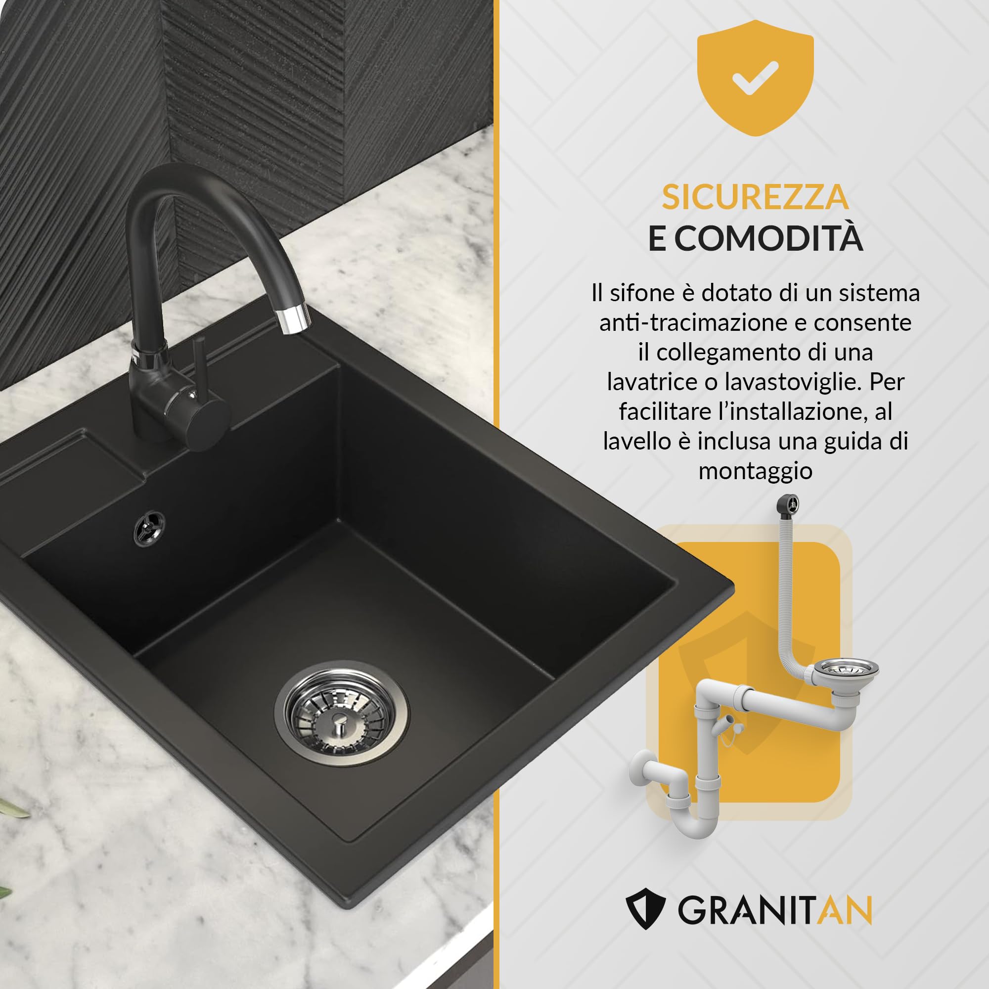 GRANITAN Lavello Cucina - Lavabo Cucina con Sifone Cromati + Impregnante 30 ml - Lavandino Cucina - Lavello Cucina 1 Vasca - Lavello 40x50 cm con Fori Preforati in Materiale Granito - Beige chiaro | Colino e impregnante, lavello con 1 lavello in granito c