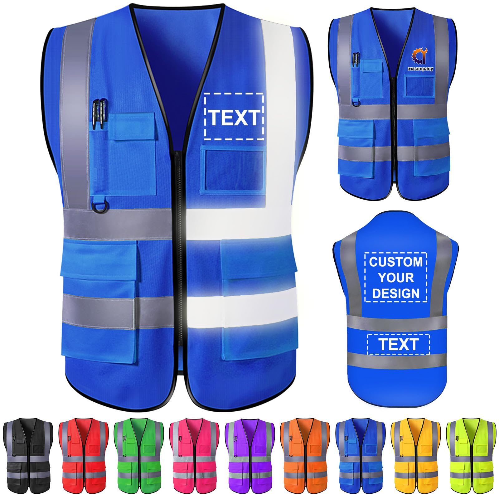 Custom Safety Vest with Logo High Visibility Reflective Pockets Zipper Personalized Class 2 Construction Workwear Men Women