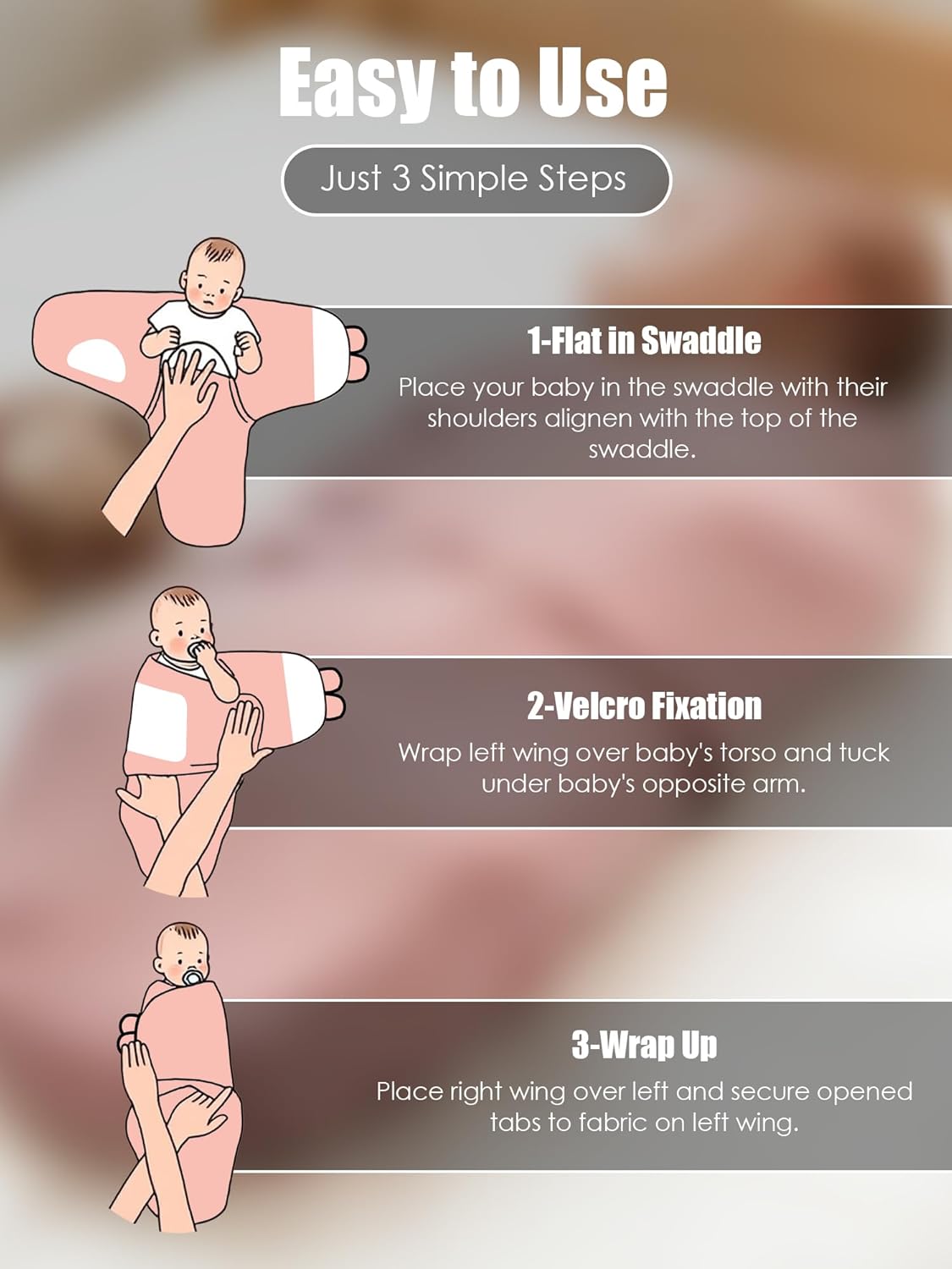 Newborn Swaddle Blanket Wrap 0-6 Months (3-Pack) - Adjustable Infant Sleep Sack, 100% Cotton Anti-Startle Soothing Sack, Soft Breathable Nursery Bedding - Dusty Rose + Pearl + Mauve