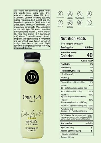 Miniatura 2 de Care Water BRAIN CareLab Divas  Bebida con sabor a limón verde y pomelo con memoria nootrópica que aumenta la memoria  Alpha GPC, acetil
