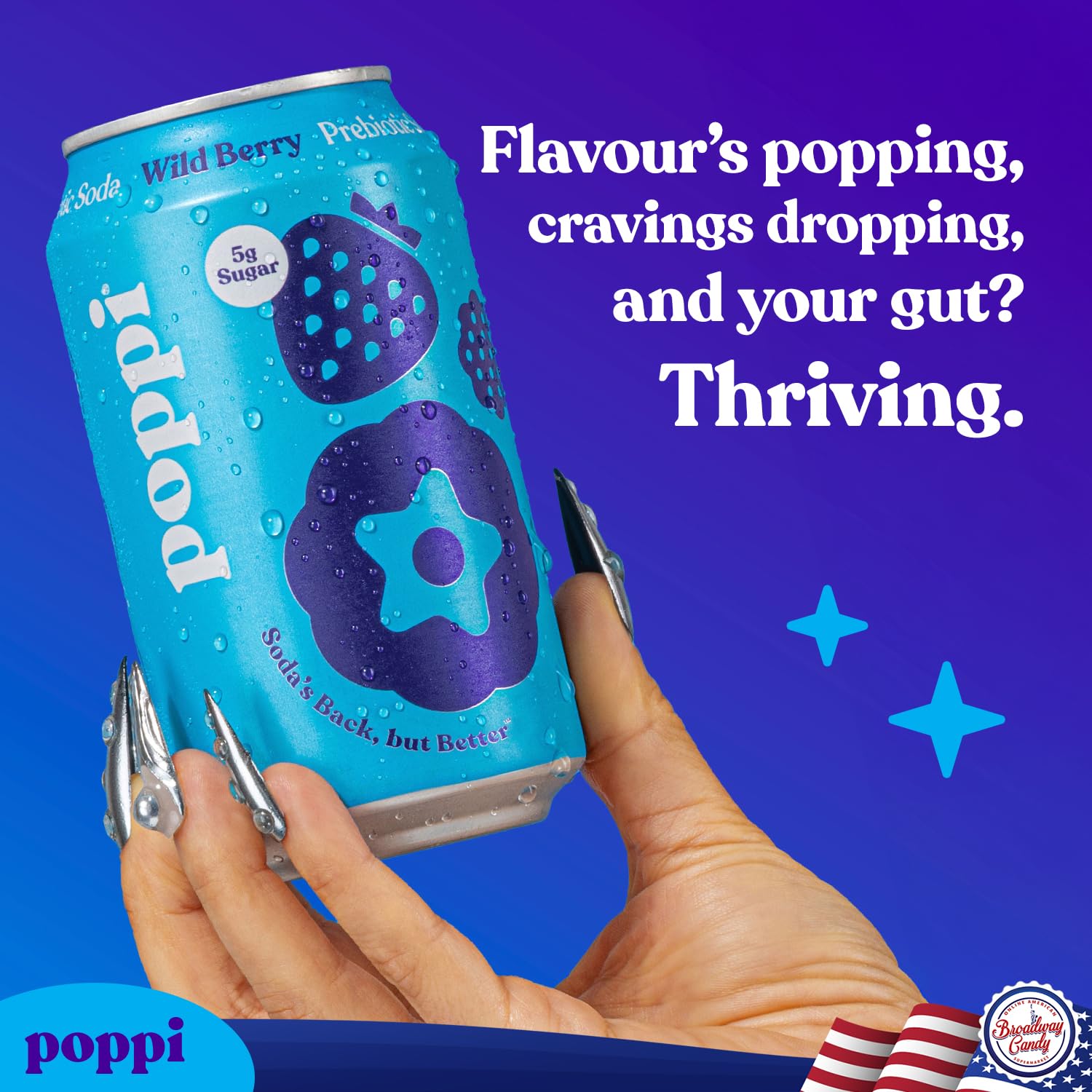 Broadway Candy Poppi Sparkling Prebiotic Soda (Pack of 6, Wild