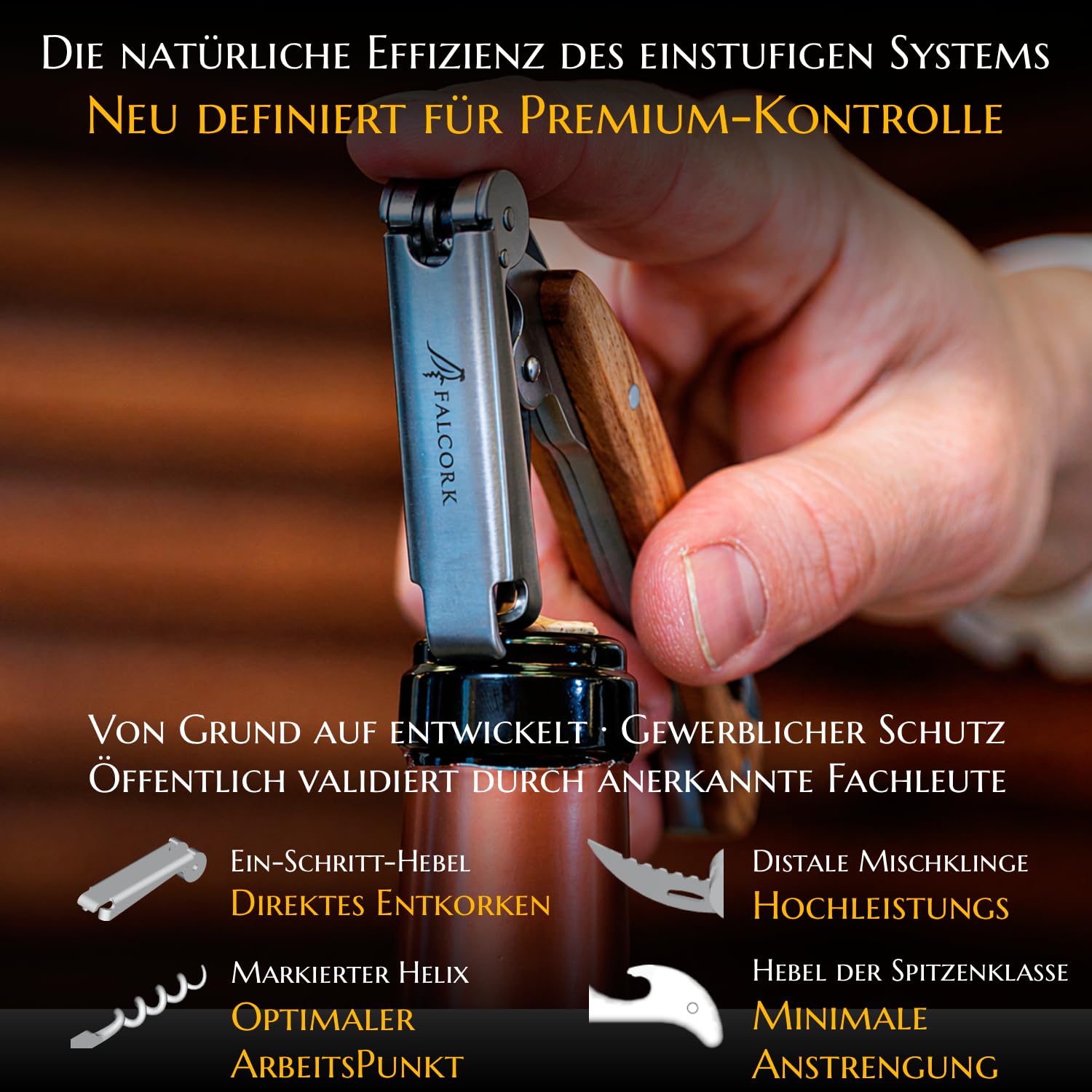 Kellnermesser für Profis FALCORK® 144 Effizienz – Ein-Schritt-Korkenzieher & Flaschenöffner für Intensiven Einsatz in der Gastronomie mit Optimal Markierter Helix & Glattem Griff aus Natur-Olivenholz