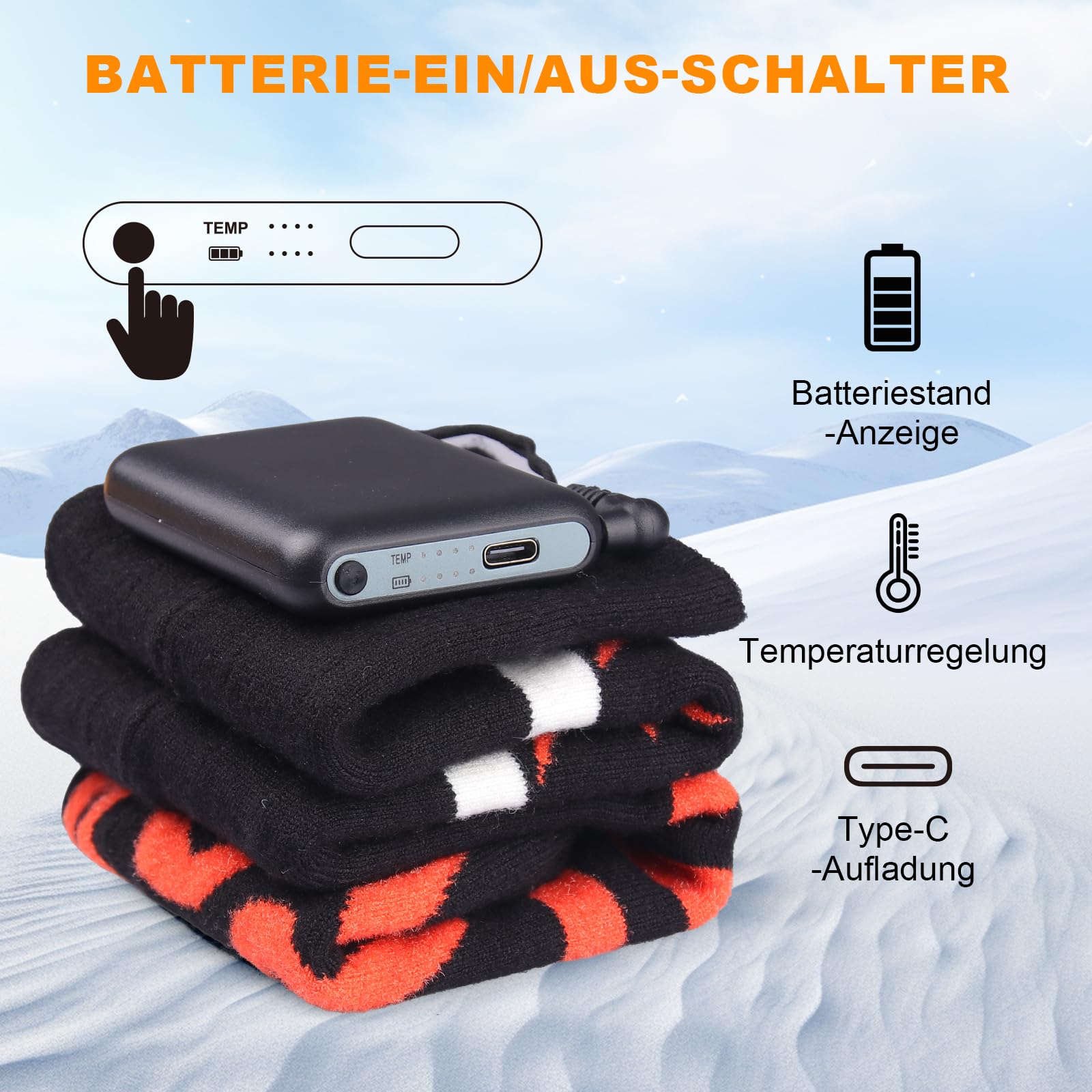 Chaussettes chauffantes pour Femme et Homme avec 5000mAh Batterie, 3 Niveaux de température, 360° Chaussettes chauffantes Rechargeables, lavables, Noir