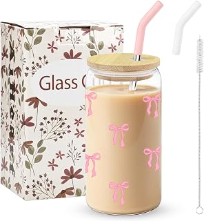 Pink Bow Glass Cups with Lids and Straws,16oz Aesthetic Iced Coffee Cup,Cute Glass Matcha Cup with Gift Box,Birthday gifts for women,Teen Girl Gifts Trendy Stuff