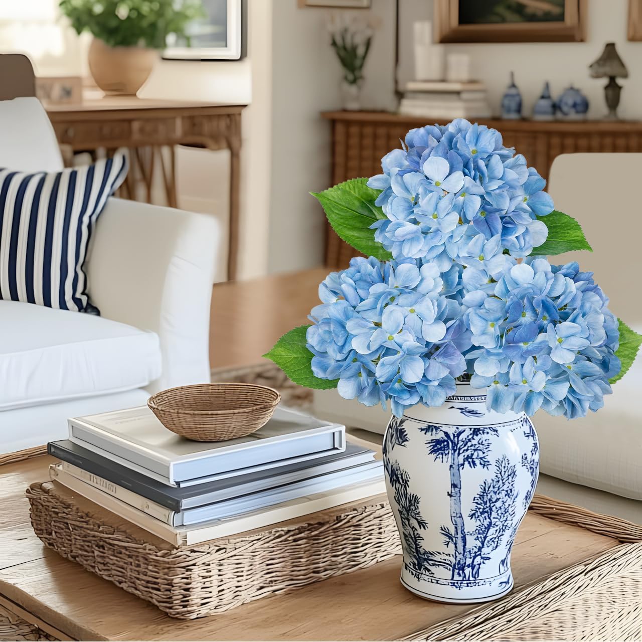 Oairse 3Pcs Blue Hydrangea Artificial Flowers 19.7 in Real Touch Faux Hydrangea Stems Silk Flowers with Stems Fake Blue Flowers Bouquet for Floral Arrangements Table Centerpieces Wedding Home Decor - Image 4
