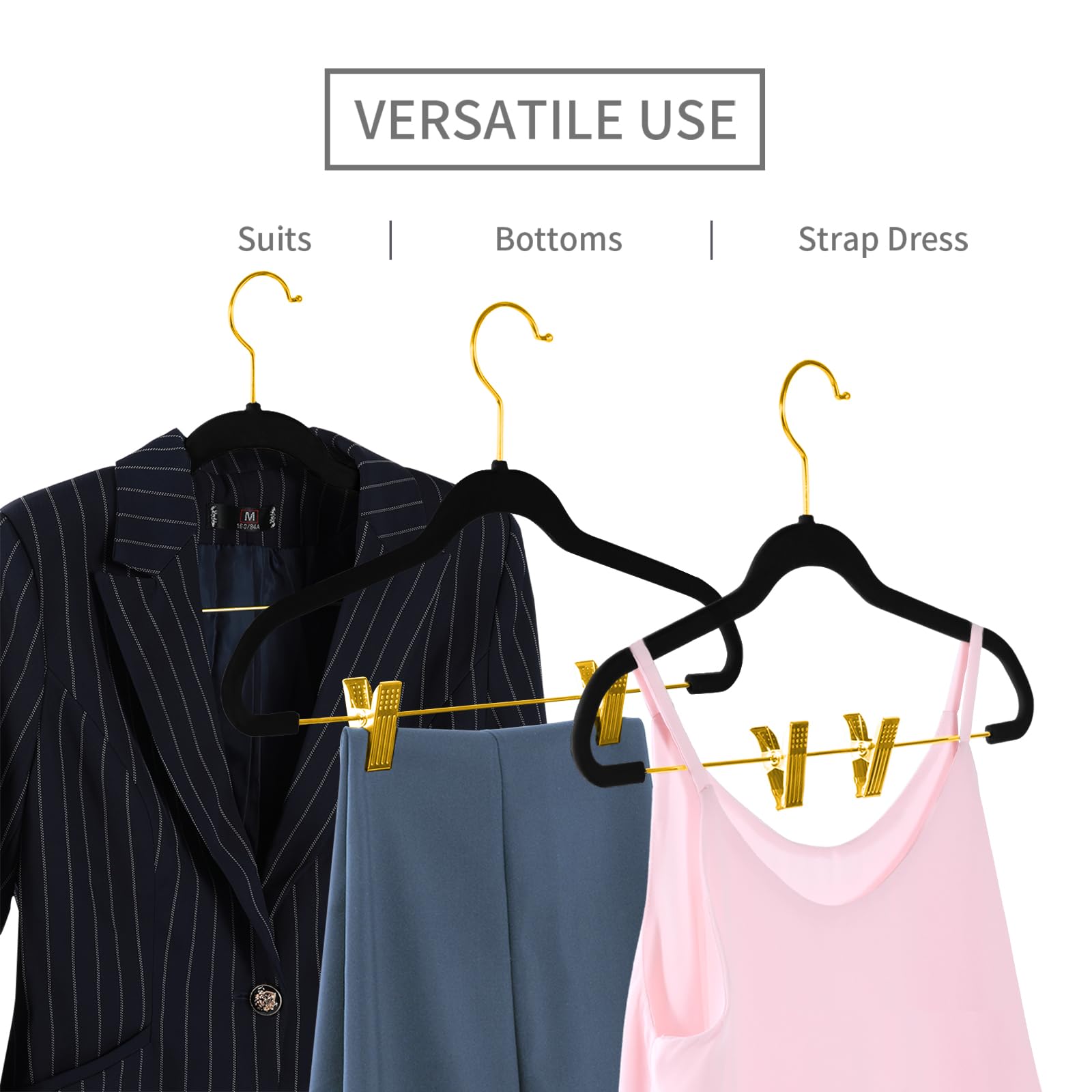 MIZGI Premium Kleiderbügel aus Samt mit verstellbaren Clips (20 Stück) schmale Rock-Kleiderbügel - rutschfeste Filz-Outfit-Kleiderbügel schwarz - goldene Haken, platzsparende Hemd-Kleiderbügel