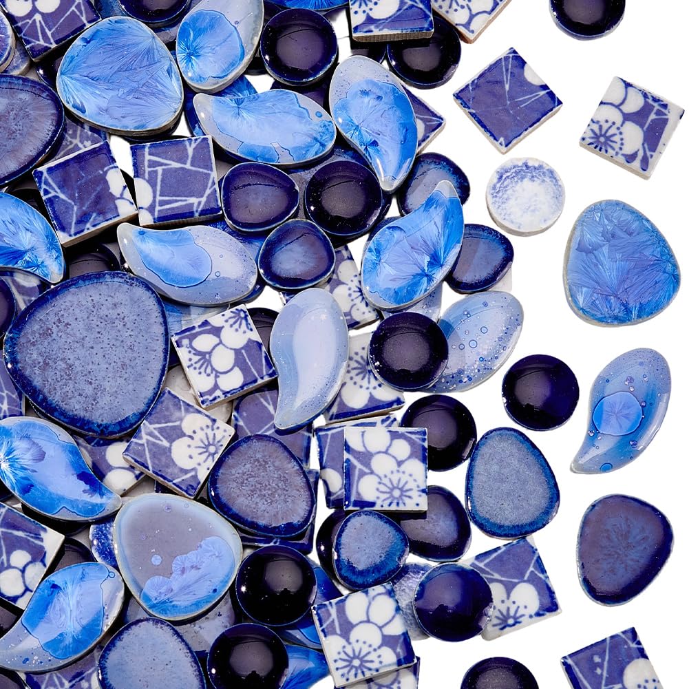 SOFPLATE 500G 4 Style Broken Ceramic Tile Irregular Ceramic Mosaic Tiles Bulk Frost Fossils Blue White Porcelain Random Shape Tiles Pieces for DIY Crafts Plates Flowerpots Vases Cups Arts Supplies