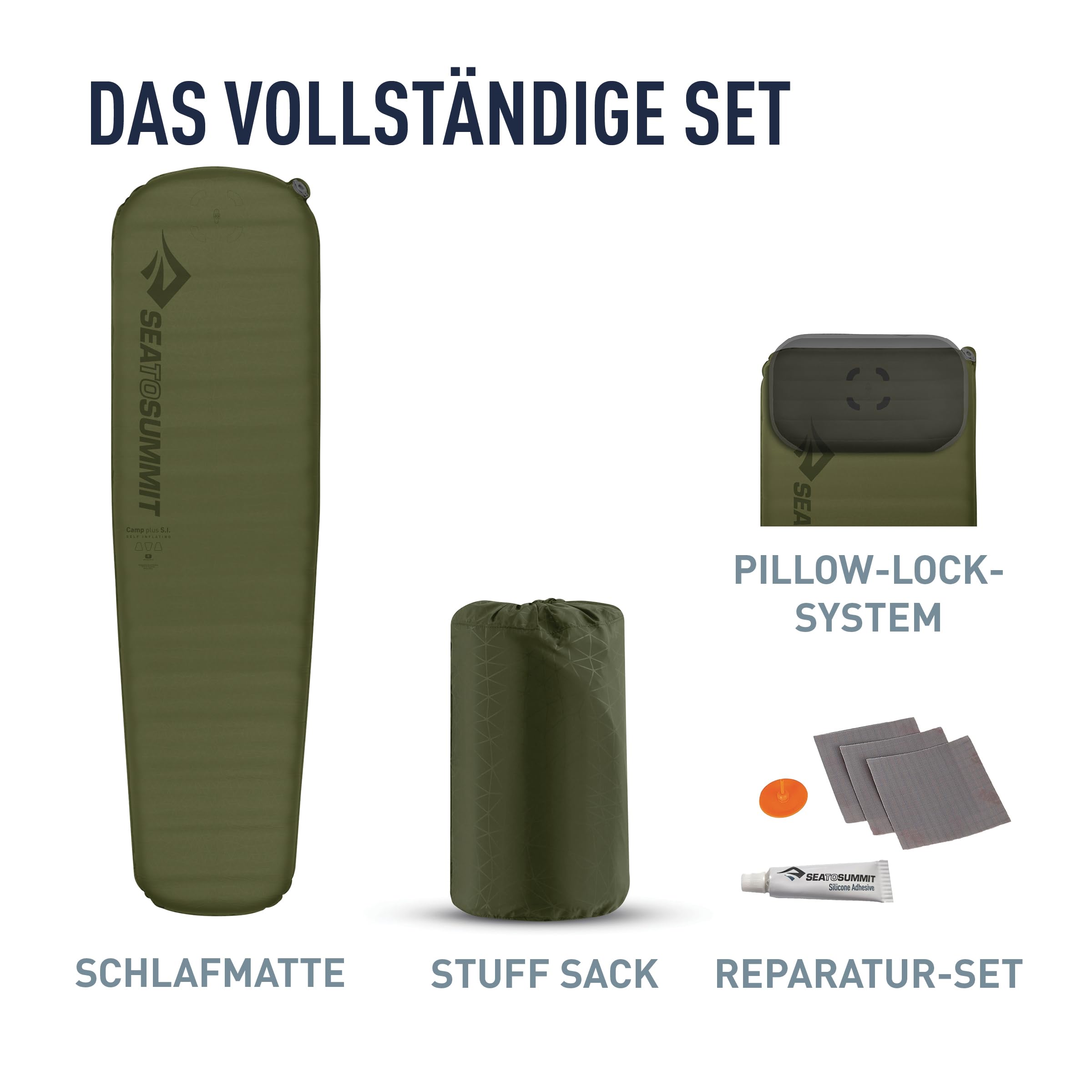 SEA TO SUMMIT - Camp Plus Self Inflating Isomatte Large - Dicke & warme Schlafmatte - Reparatur-Kit & Pillow Lock-System - 4 Jahreszeiten - Camping - 198 x 64cm - Green - 1185g
