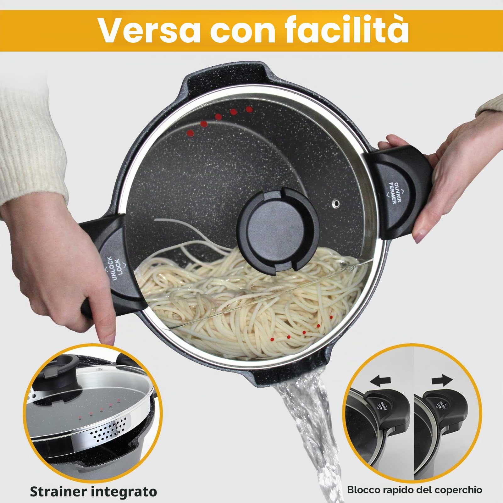 ROSSETTO Pentola Scolapasta a Induzione Antiaderente per Pasta con Coperchio, Alluminio, 24cm, 4,5Litri