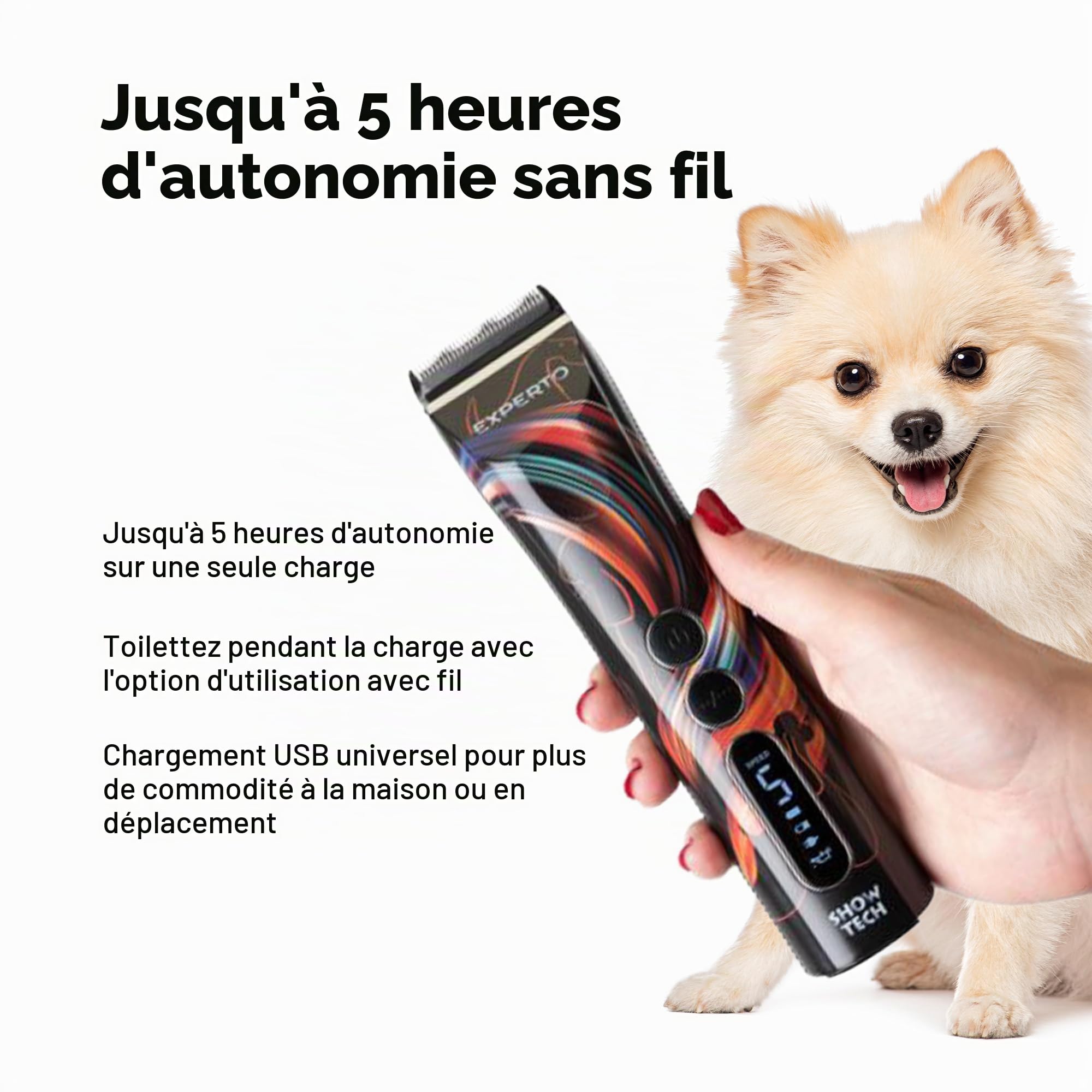 Show Tech Experto Tondeuse sans fil pour chien - Ultra silencieuse - Moteur rotatif puissant pour poils épais - 5 réglages de vitesse - Kit de toilettage pour chien