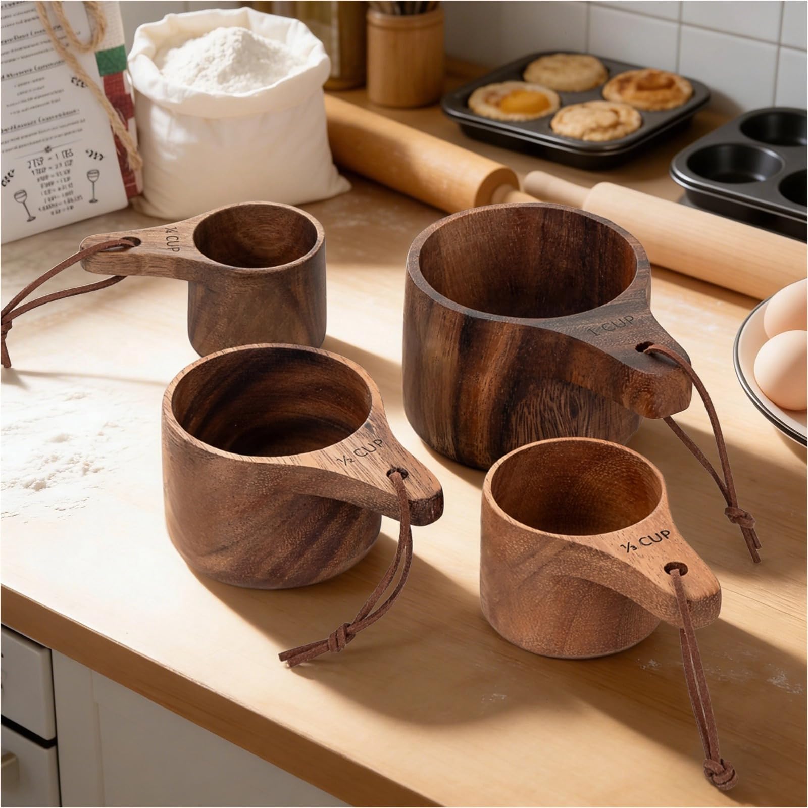 Juego de 4 tazas medidoras de madera, hechas de madera de nogal sudamericano, grabadas para hornear y cocinar, diseño de anidación