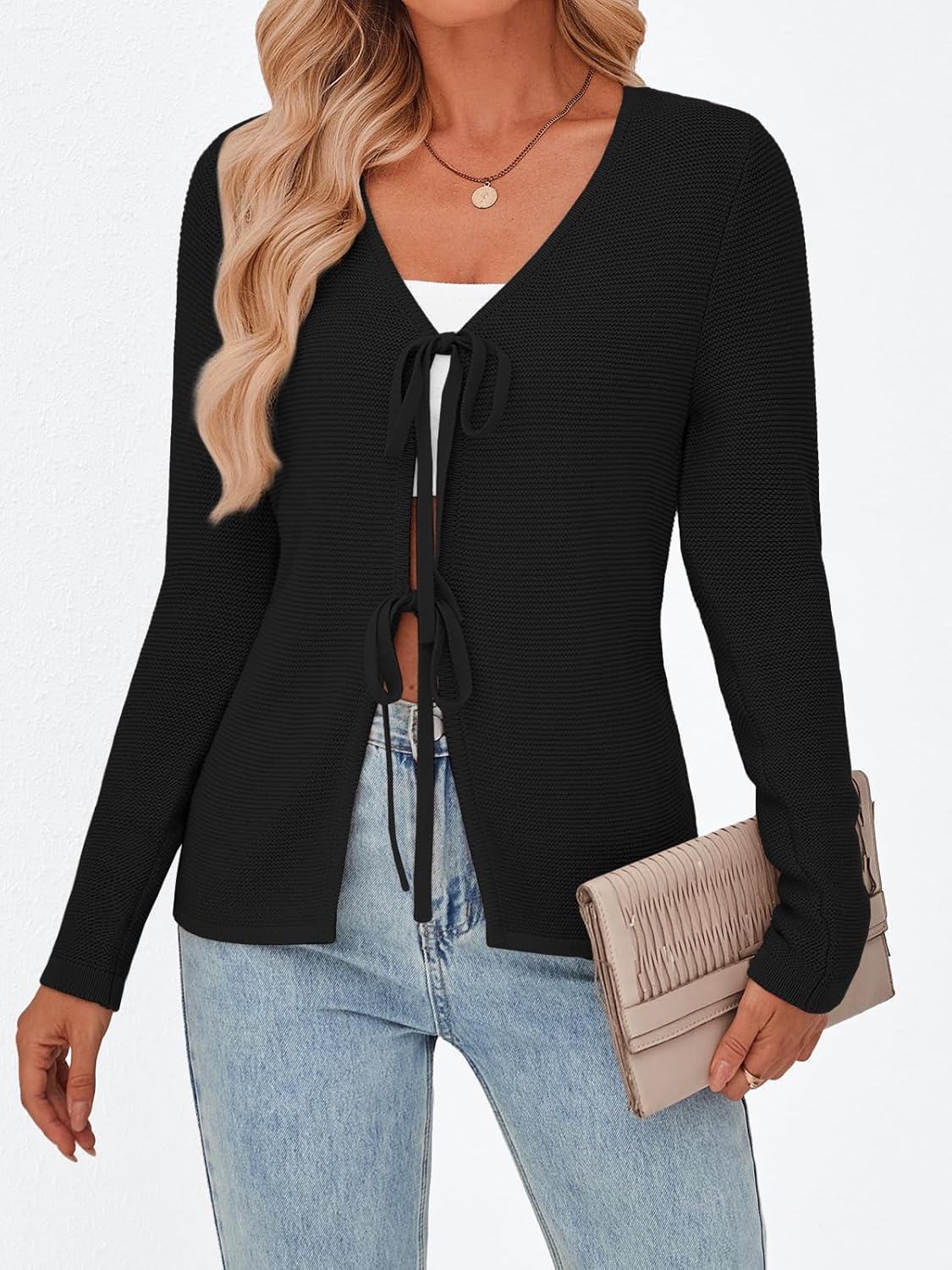 Trendy Queen Womens Tie Front Tops Fall Cardigan Sweaters 2026 Fashion Crochet Crop Winter Clothes Cute Y2K Casual Outfits - Image 3