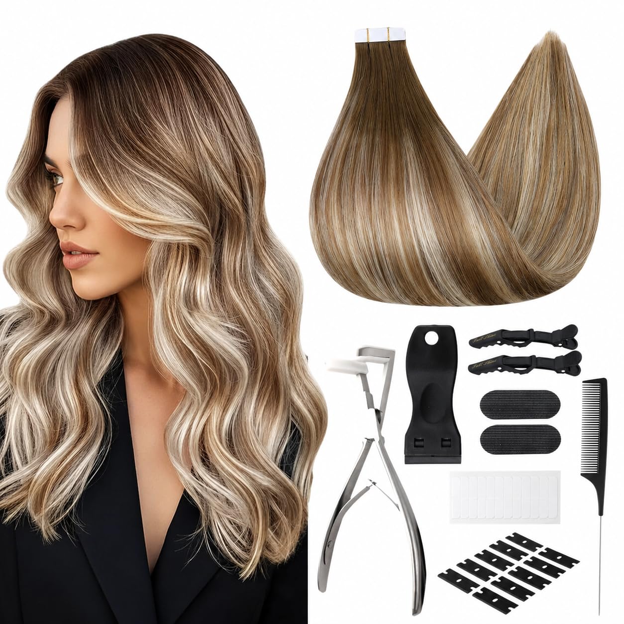 Full Shine Tape In Hair Extensions Human Hair Bundle, 16 Inch Chestnut Brown Blonde 50g 20PCS, Remy Seamless Tape Extensions with Hair Extension Tools Kit, Clamp, Remover, Replacement Tape and Clips
