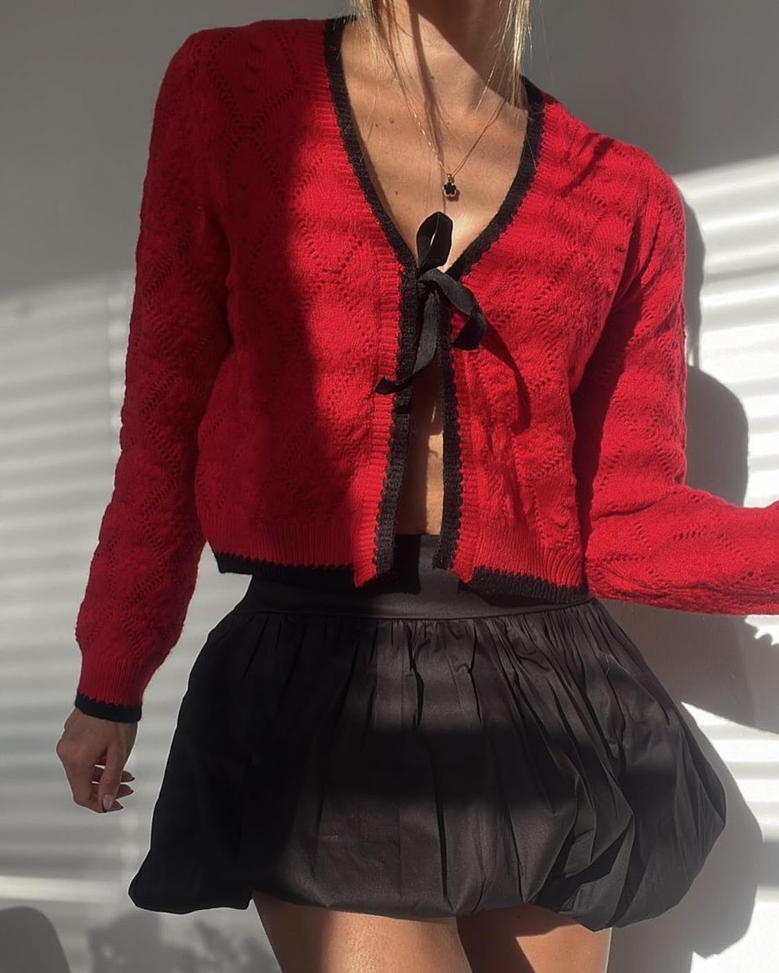 ZAFUL Women's Tie Front Cardigan Color Block Bow Cable Knit Sweater Open Front Long Sleeve Coats Tops - Image 2