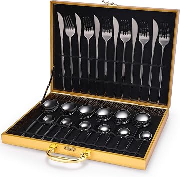 Silverware Flatware Set, 24-piece Stainless Steel Tableware Set Household Cutlery, Forks, Spoons, Gold Gift BoxBlack
