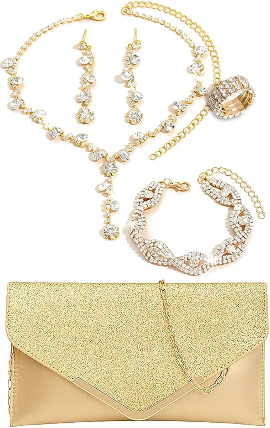 5 Pcs Purse Rhinestone Jewelry Set, RhinestoneClutch Purse Bride Prom Evening Rhinestone Jewelry Set Bling Necklace Earrings Bracelets Set for Wedding, Gold/Silver