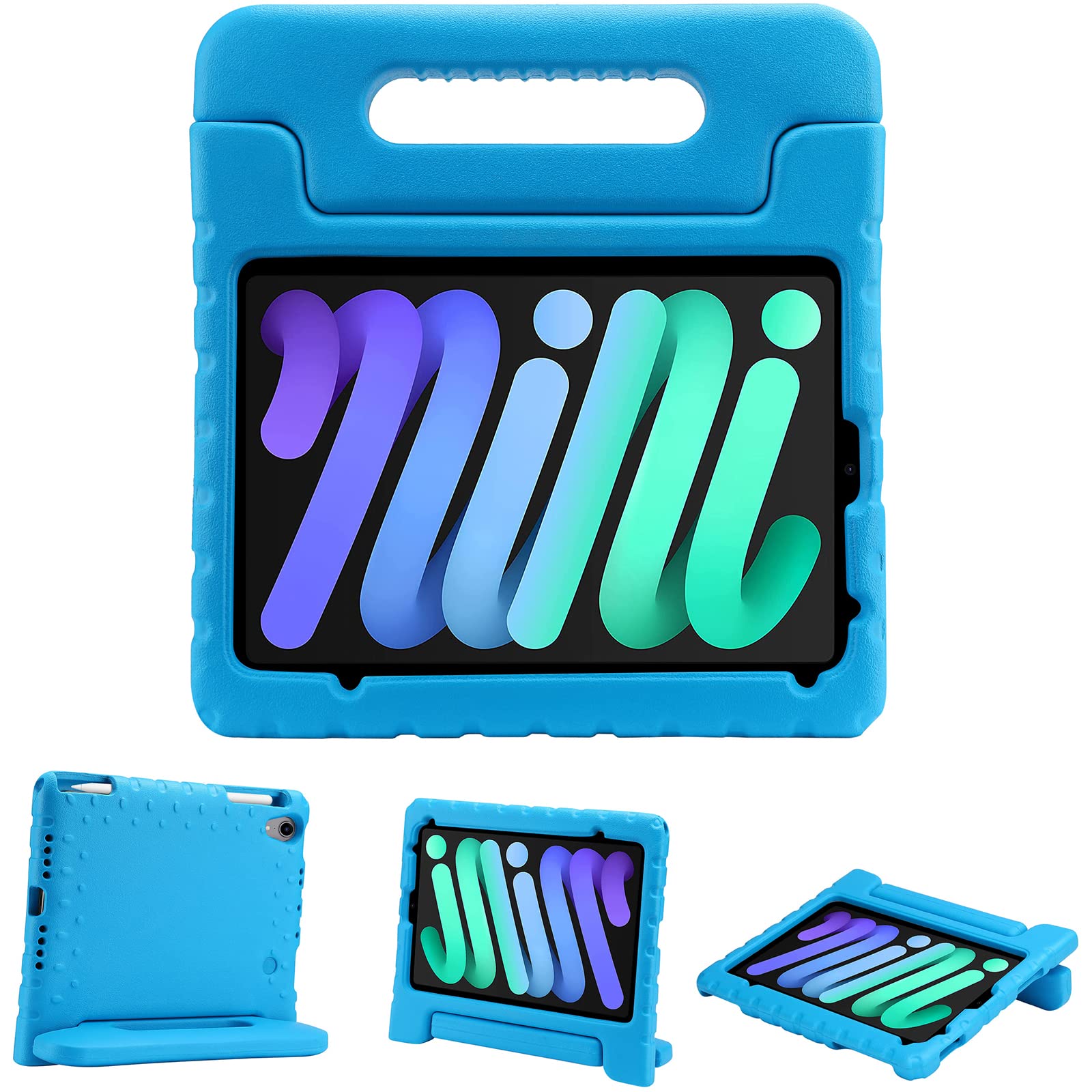 ProCase for iPad Mini 6 Case Kids (2021 Release, 8.3 Inch, 6th Generation), Lightweight Kids Case for iPad Mini 6th Generation with Pencil Holder Shockproof Handle Stand Kids Friendly Case -Blue