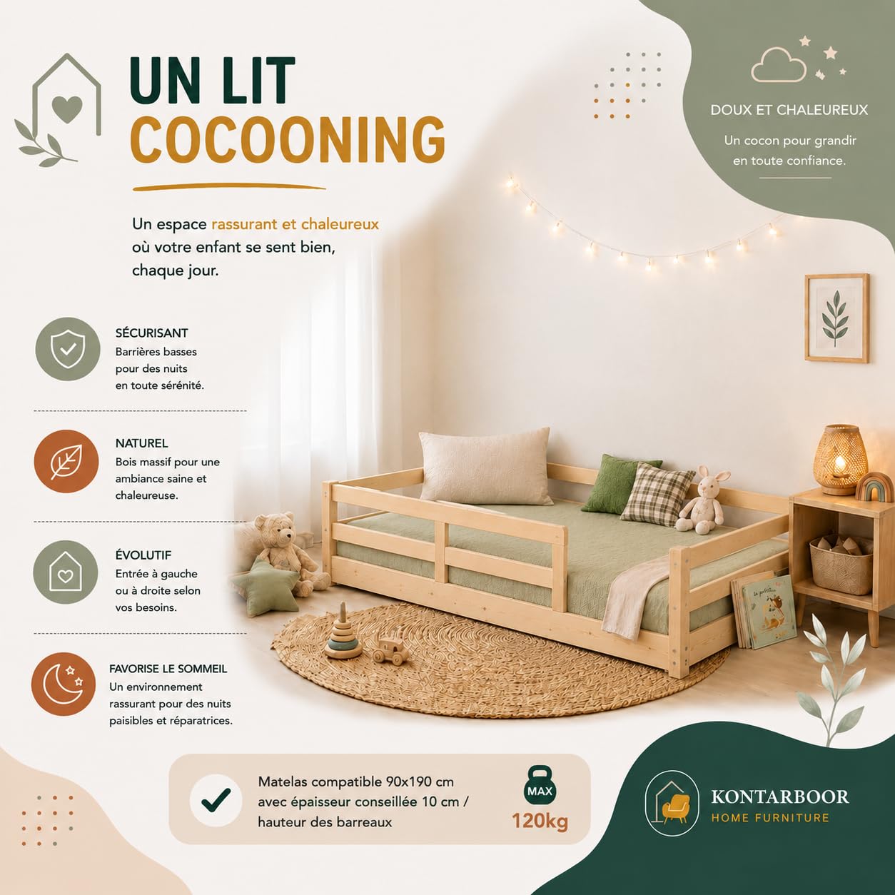 KONTARBOOR Cama infantil de 90 x 190 cm con barreras de seguridad – Montessori- Cama en el suelo de madera maciza natural – Estilo escandinavo mixto niña y niño – Somier incluido – Habitación infantil