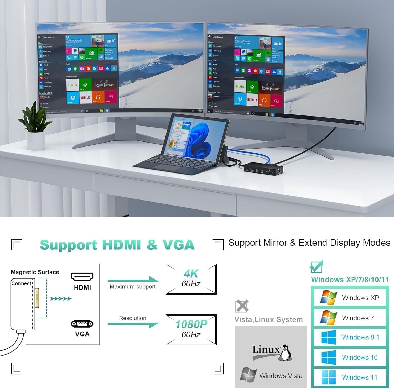 Docking Station, 11 in 1 Ms Dock Triple Displays 4K@60HZ HDMI+VGA, Dock for Pro 11/10/9/8/X/7/6/5/4,Laptop go/7/6/5/4 /3/2, Book