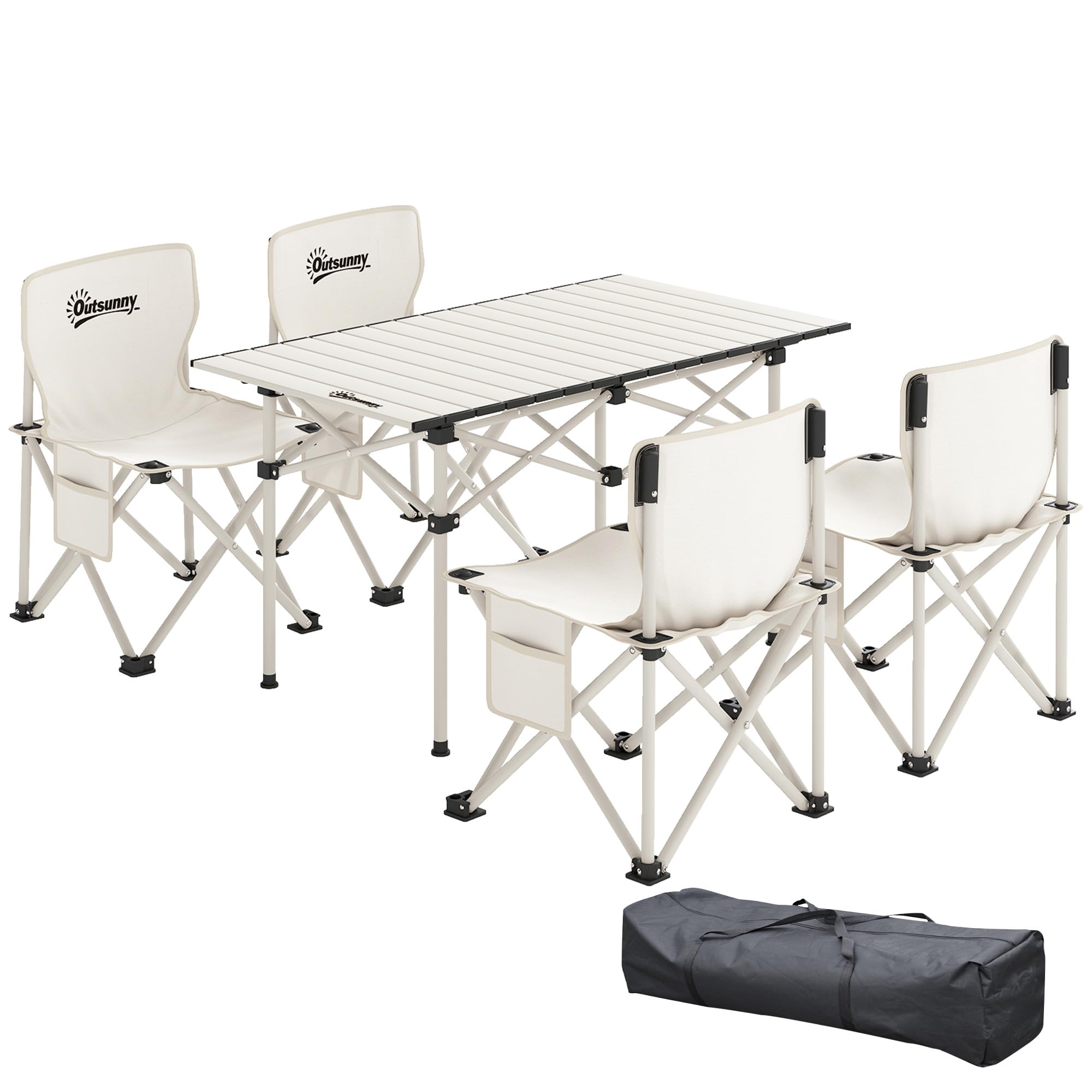 Outsunny Tavolo da campeggio con 4 sedie pieghevoli, set di tavolo e sedie da campeggio da 5 pezzi con tasche laterali e borse per il trasporto, 95 x 56,5 x 50 cm, bianco