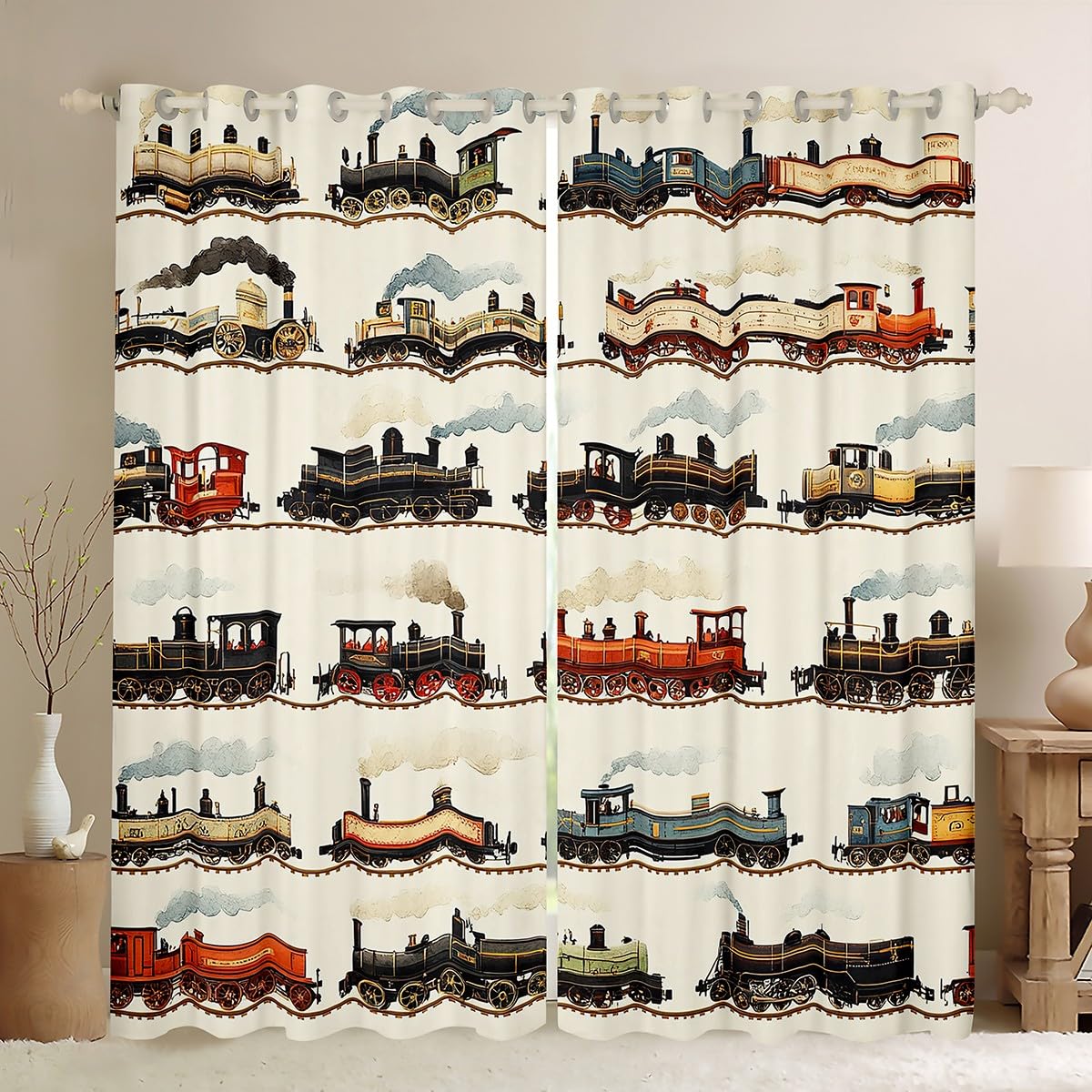 Feelyou Kids Vintage Train Curtains for Bedroom (2 Panels, 42 x 84 Inch) Retro Steam Engine Darkening Drapes Boys Girls Retro Steam Locomotive Train