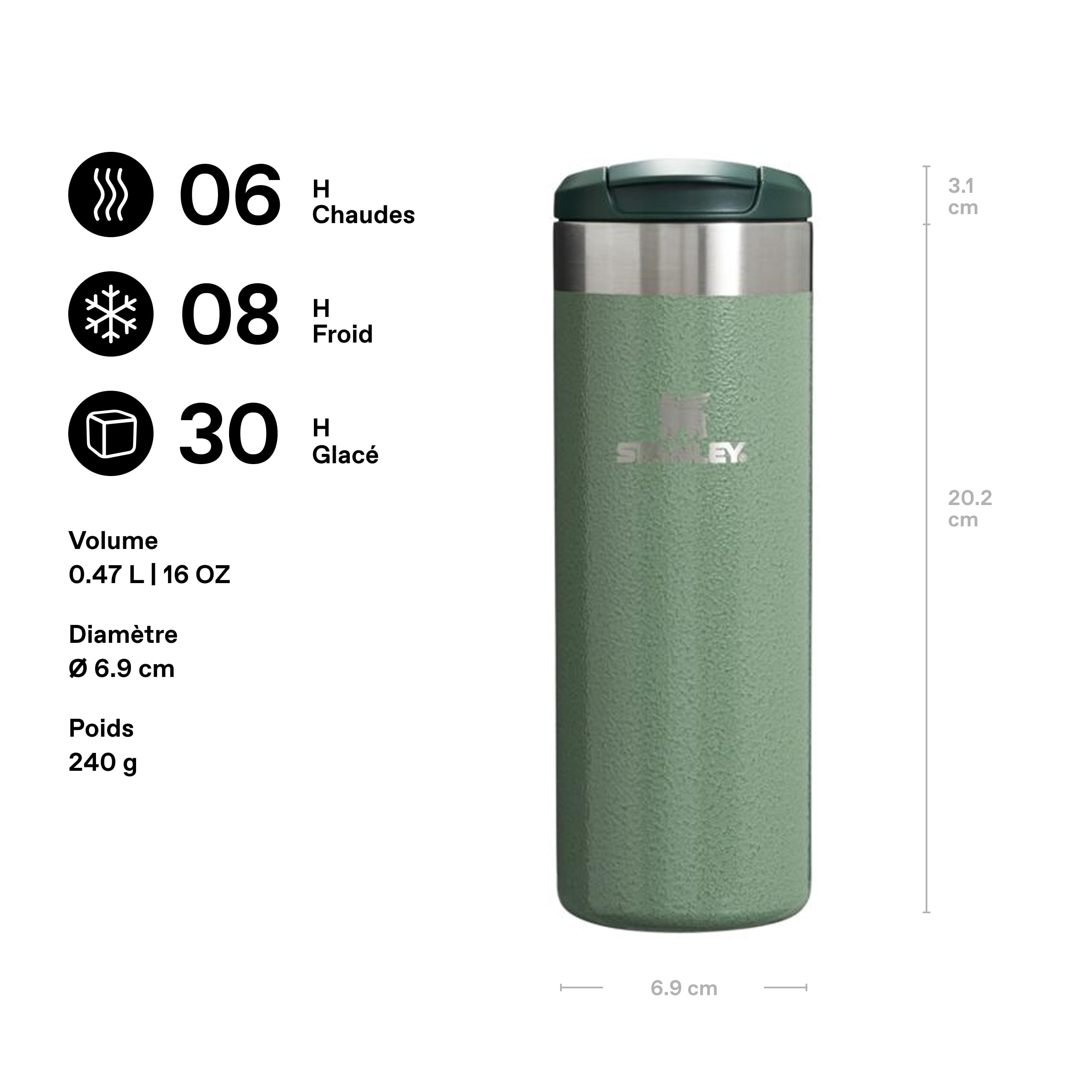 Stanley Aerolight Transit Mug Isotherme Café 0.47L - 6 Heures Chaud - 8 Heures Froid - Couvercle Étanche et Blocable - Thermos - Lavable au Lave-Vaisselle - Hammertone Green | Dure 6 heures. Chaud : 8 heures. Froid - Passe au lave-vaisselle - Anti-fuite -