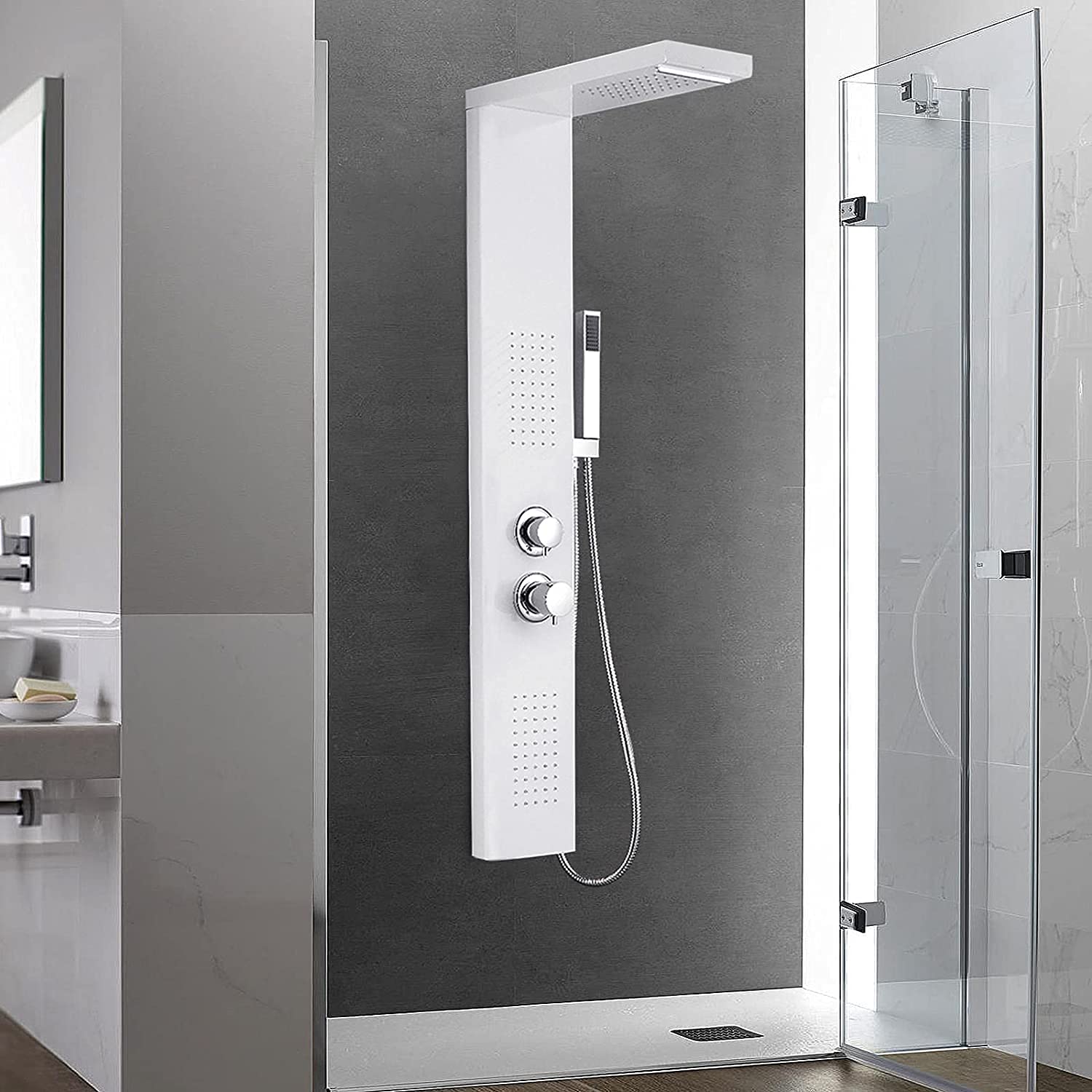 LARS360 Pannello doccia rubinetto doccia in acciaio inox 4 in 1 sistema doccia con doccetta a pioggia, doccia a pioggia, doccia a cascata, set doccia per bagno doccia, pannello doccia bianco