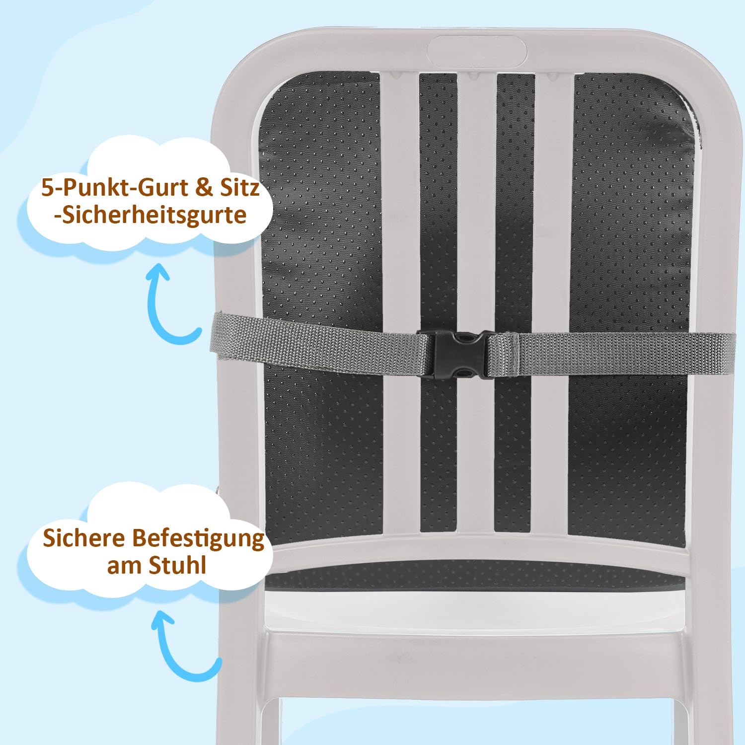 Asiento elevador de silla infantil, correa de 5 puntos, plegable silla elevador, cojín portátil para niños con respaldo, impermeable y fácil de limpiar, incluye bolsa de almacenamiento, gris