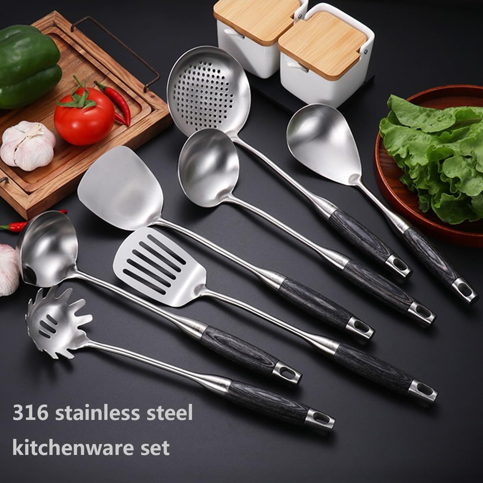 Juego de utensilios de cocina, 7 piezas de acero inoxidable con soporte, apto para lavavajillas, asas con aislamiento térmico, pulido de espejo, diseño antiquemaduras