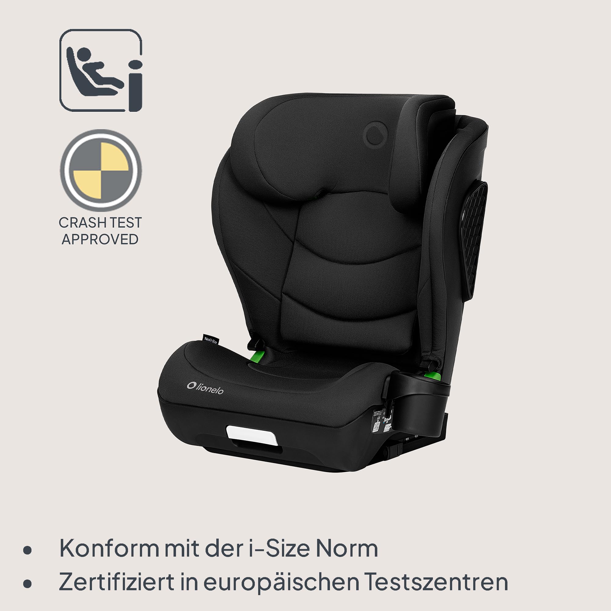 LIONELO NEAL I-SIZE Kindersitz, Gruppe 2 3, von 100-150 cm | Von ca. 3 bis 12 Jahren Befestigung ISOFIX oder ohne Gurte Verstellbare Kopfstütze Seitenschutz Armlehnen Standard R129