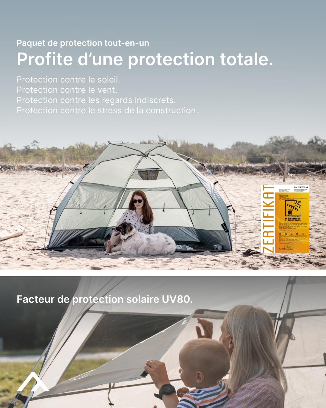 qeedo Quick Bay Pro Grande Tente de Plage UV80 pour 3 Personnes, avec piquets de Sable et Sac de Transport - Protection Solaire pour familles, Enfants, bébés ou Chiens - Gris Sable.