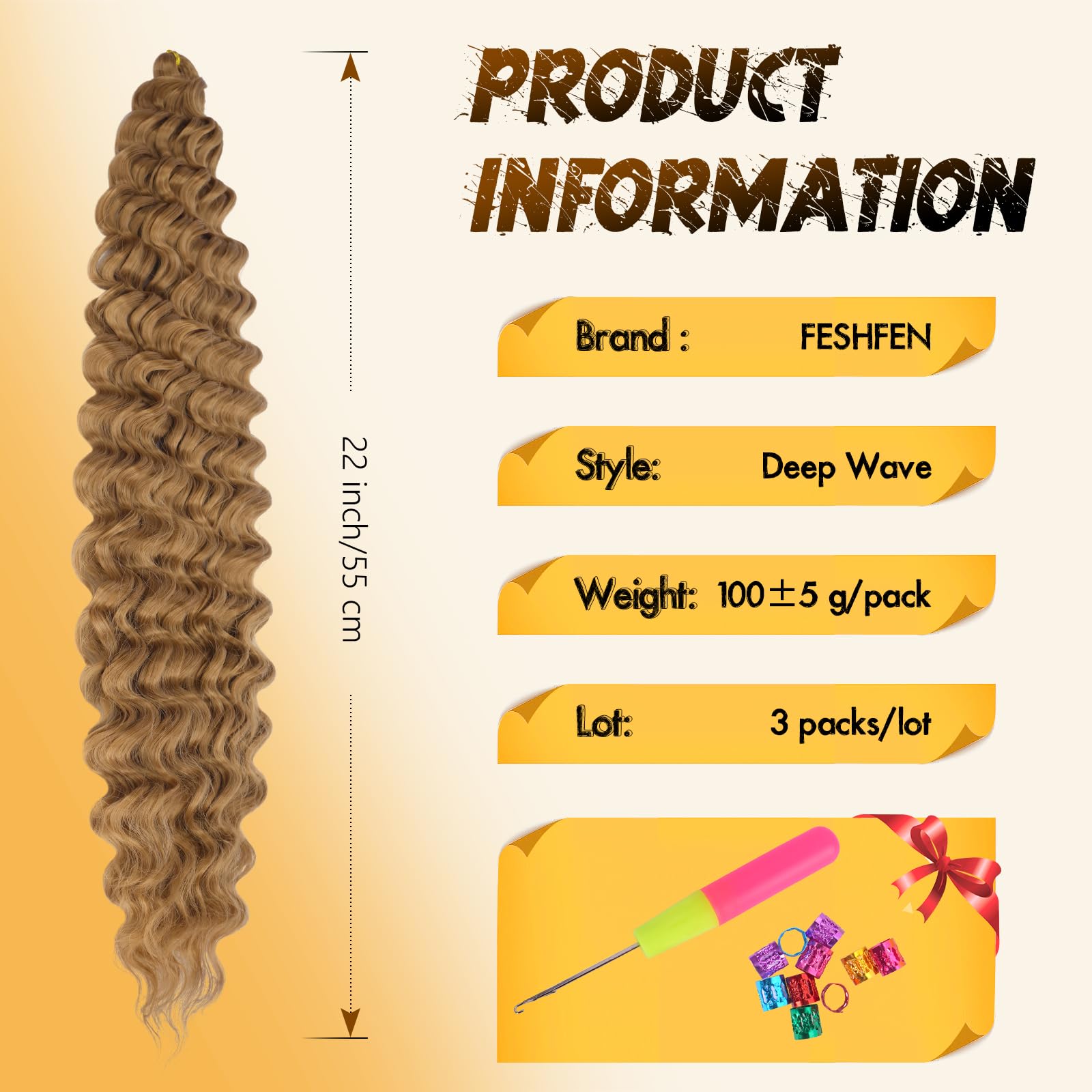 FESHFEN Ocean Wave Crochet Extension - Pelo Crochet Rizado Natural Deep Wavy Hair Extensions de Cabello Marrón Dorado Sintético Trenzas Postizas para Mujeres, 55 cm 3 Piezas