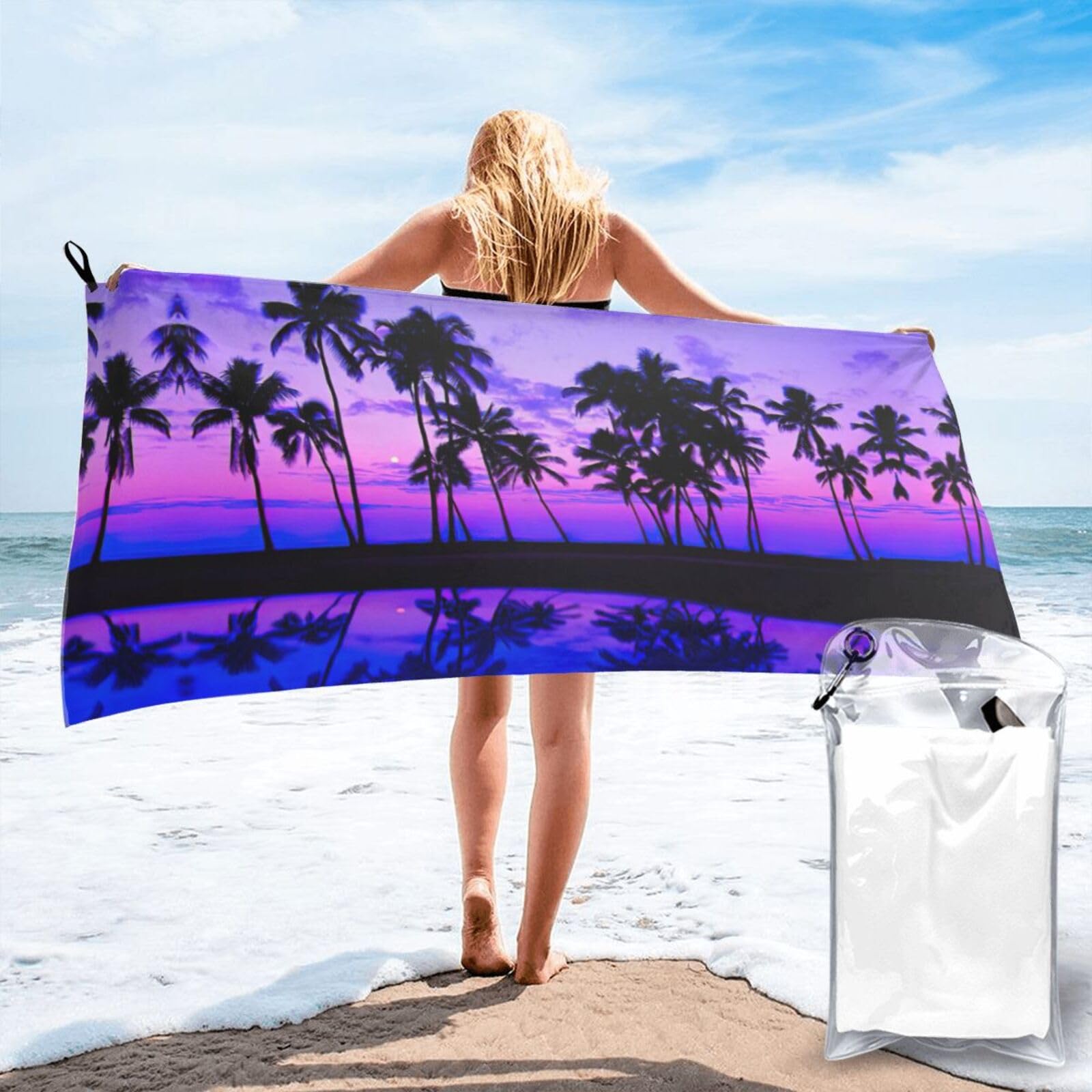 ENGhjes Palm Tree Purple Sunset Print Camping Towel Fast Drying Bath Beach Shower Wrap For Gym Camping Vacation Adults Portable Gift