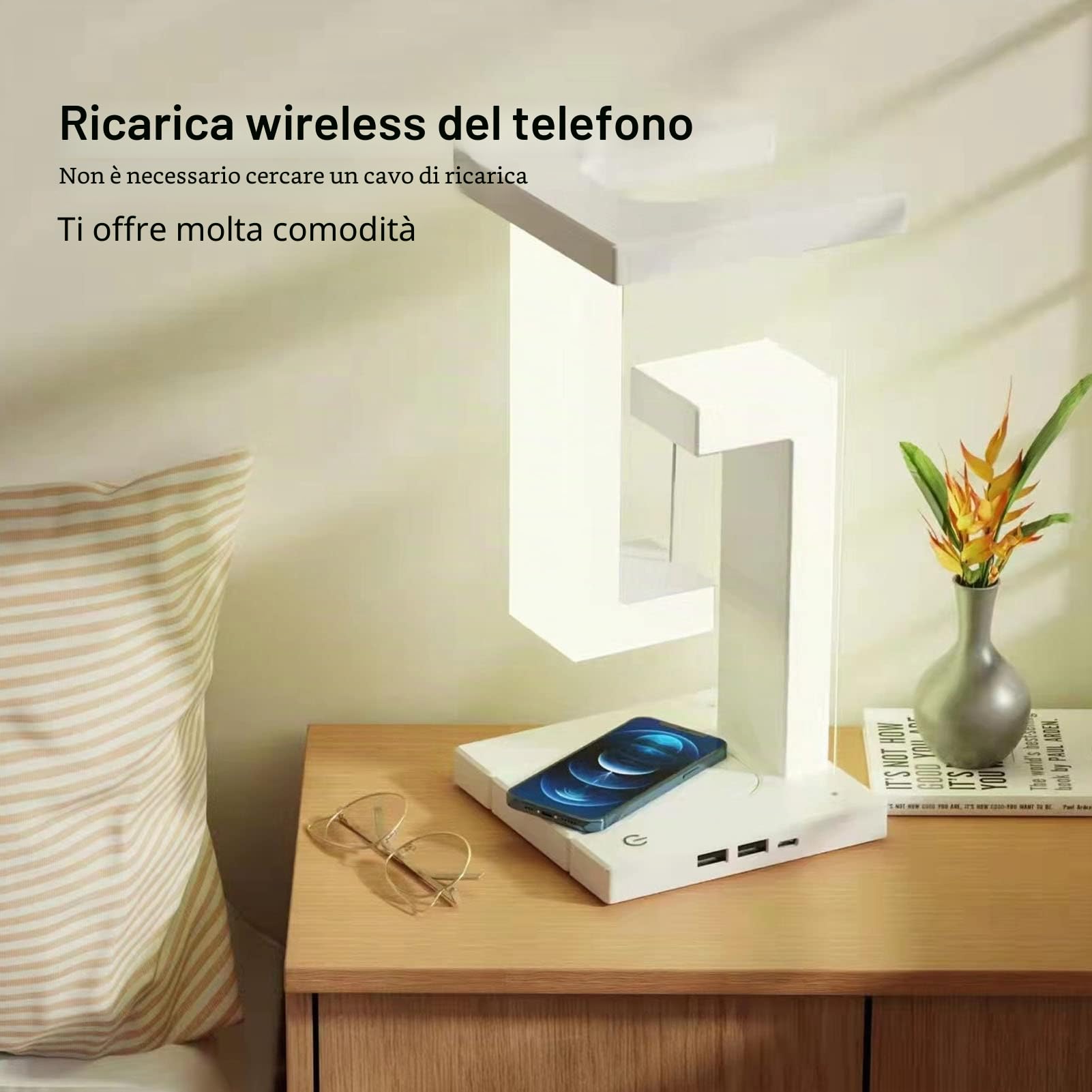 Luce Notturna a Levitazione Magnetica, Lampada da Tavolo a LED con Interruttore Tattile a 3 Ingranaggi con Ricarica Wireless Per Telefono Bianca, Lampada da Scrivania a LED Lampada da Ufficio Dimmerab
