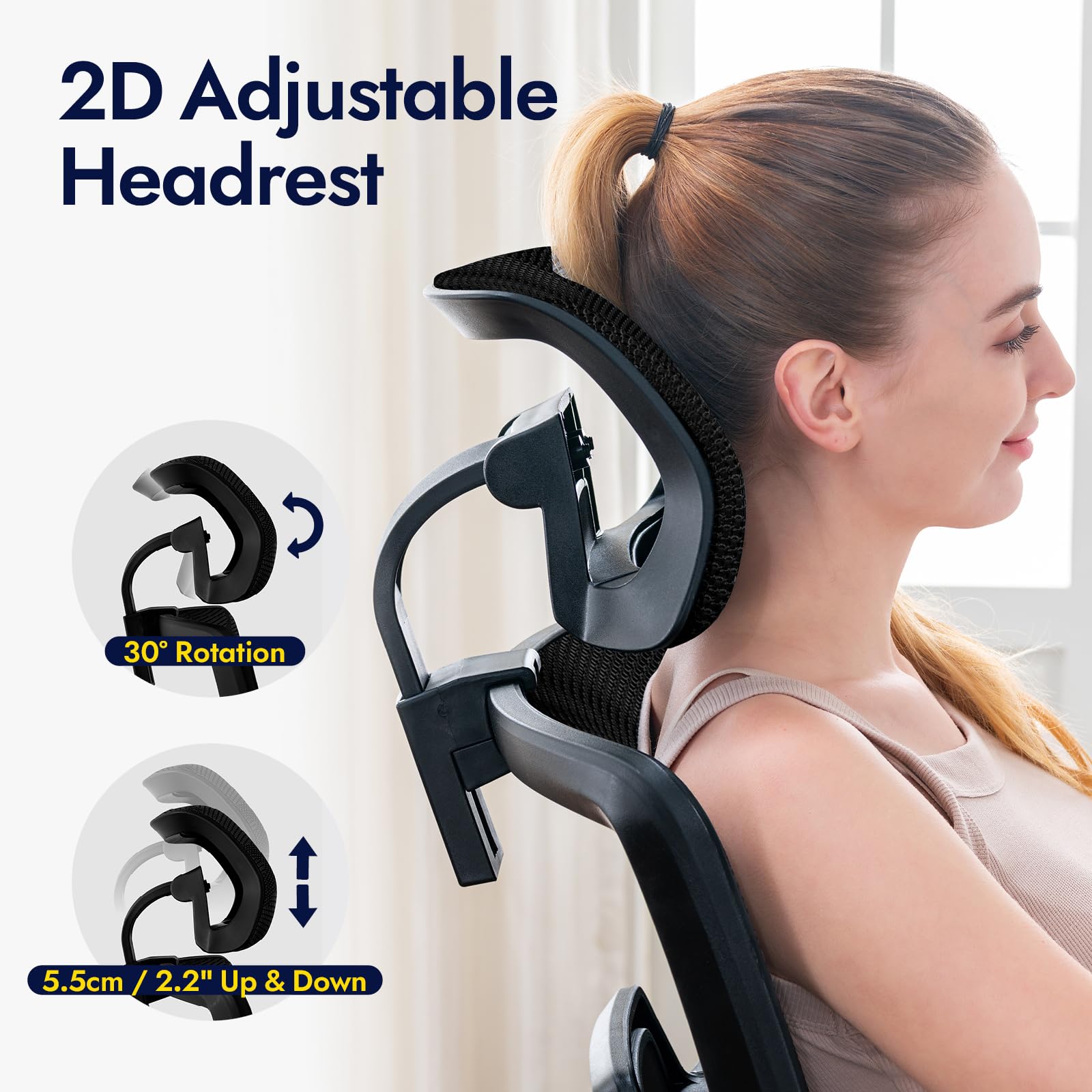 Chaise de Bureau, Fauteuil Ergonomique Professionnel - Dossier Mesh Respirant, Inclinaison 130°, accoudoirs 3D et Assise réglable - Pivotant, roulettes, 150 kg