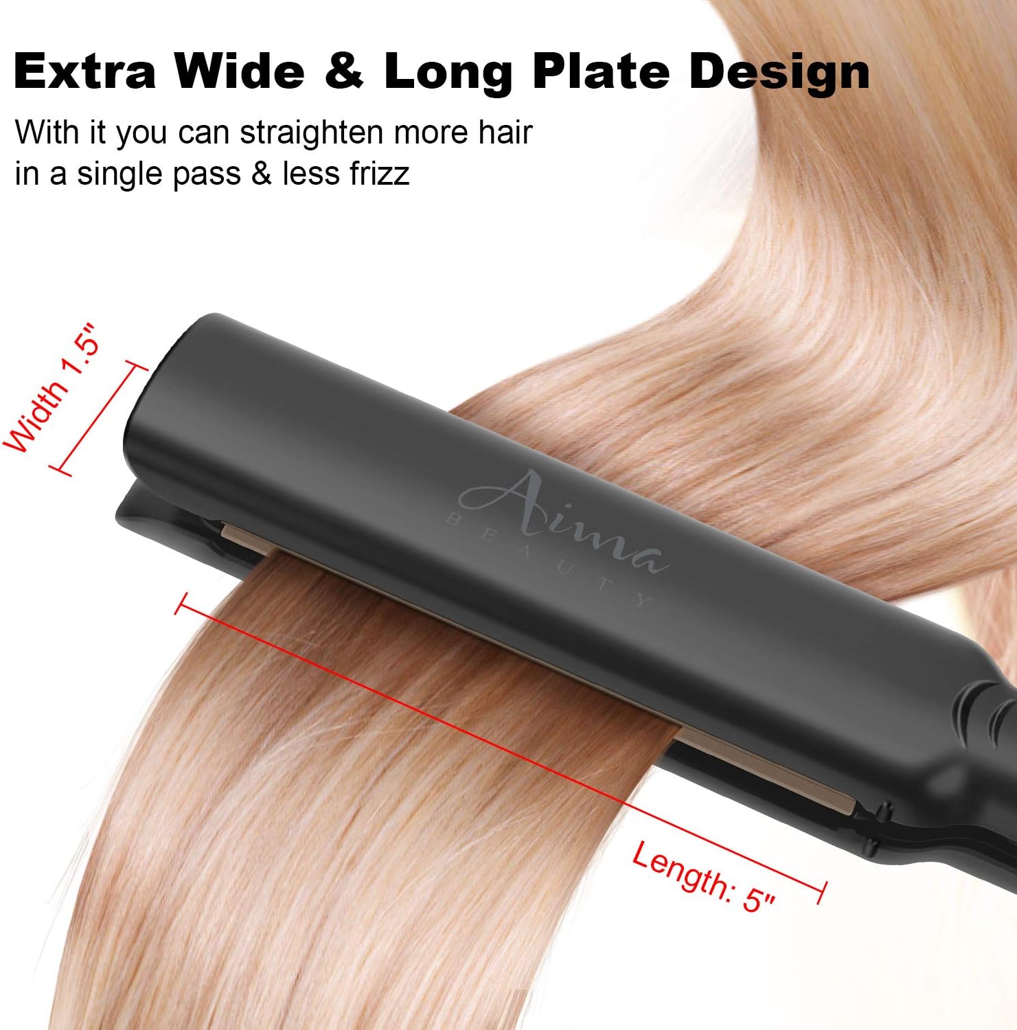 Aima Beauty Hair Straightener, 1.5 inch Extra Wide Flat Iron with 3D Floating Ceramic Coating Plates & LCD Temp Display Dual Voltage for Travel, Black