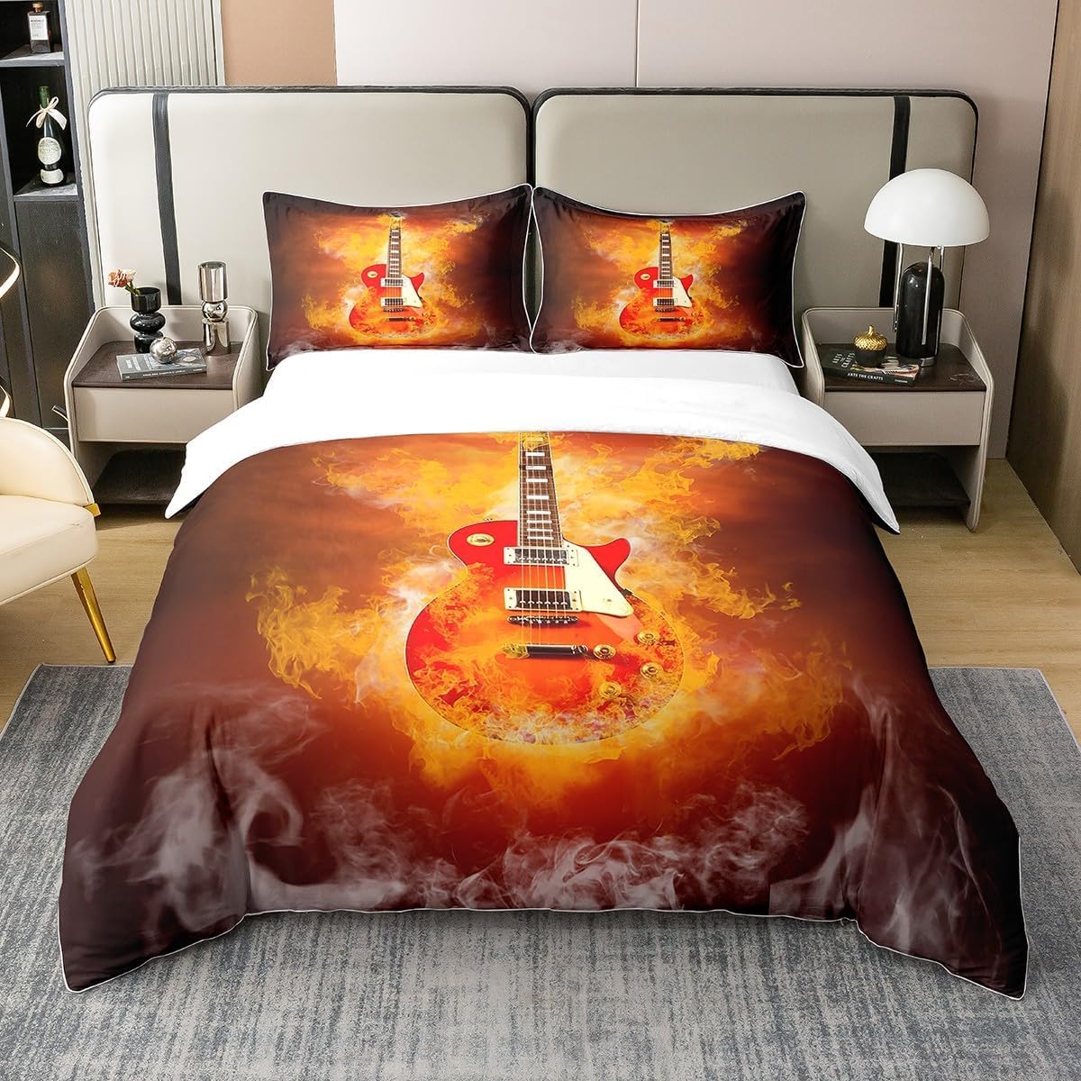 Poszewka na kołdrę w rozmiarze Super King Size czerwona pościel gitarowa dla dzieci - poszewka na kołdrę z zamkiem błyskawicznym + 2 poszewki na poduszki 50 cm x 75 cm - hipoalergiczna