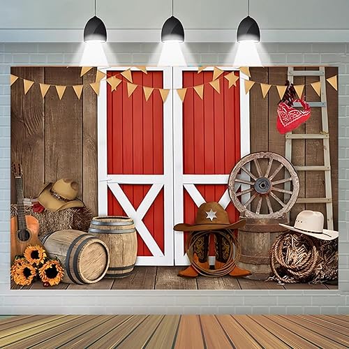Miniatura 5 de Fondo de fotografía de escena de vaquero occidental, puerta de granero roja, granja, barbacoa, decoración de fiesta, fondo rústico de madera marrón,