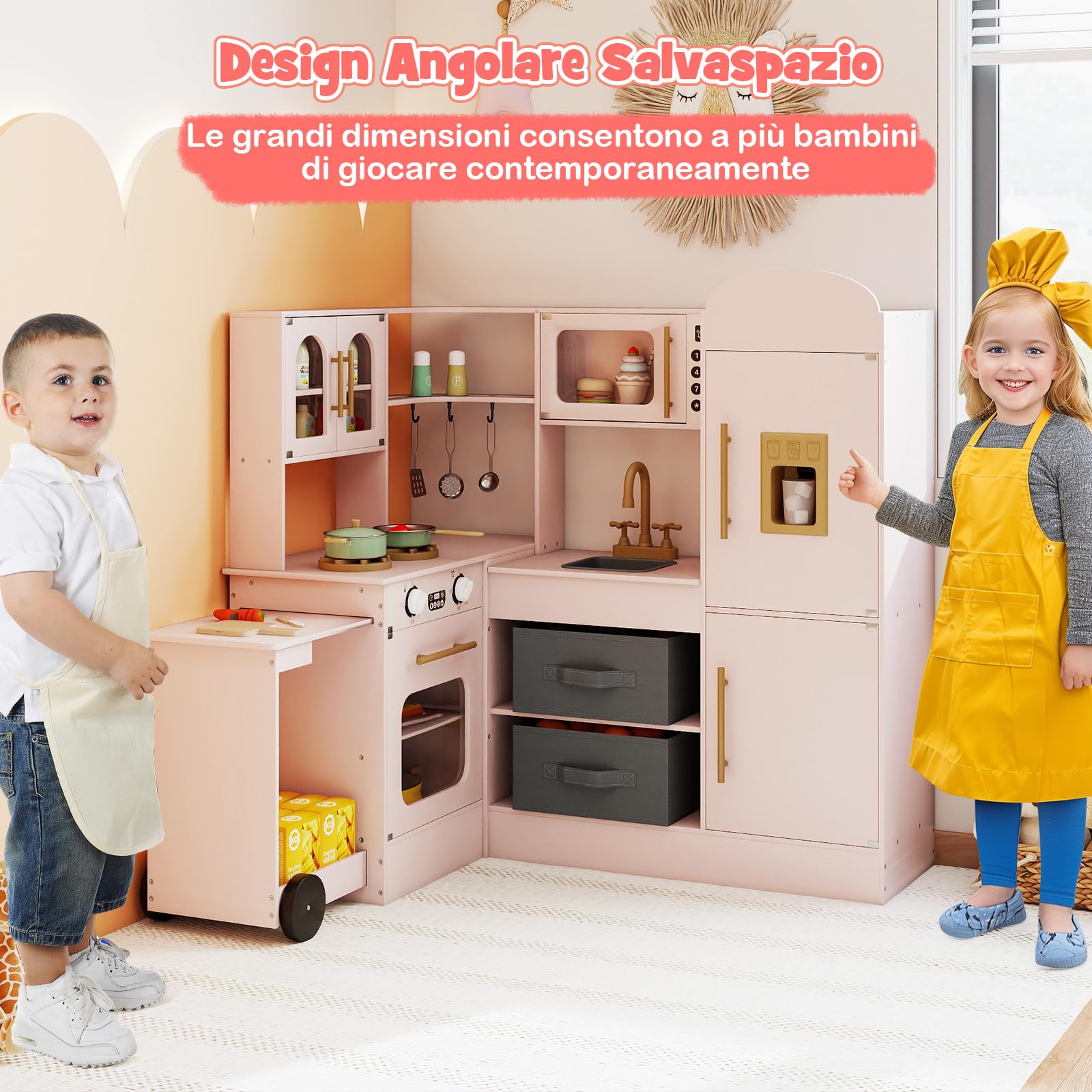 COSTWAY Cucina Giocattolo Angolare in Legno, Set di Cucina Giocattolo per Bambini con Lavabo, Fornelli, Forno, Frigorifero, Macchina del Ghiaccio e Accessori, per Bambini 3 Anni+ (Rosa)