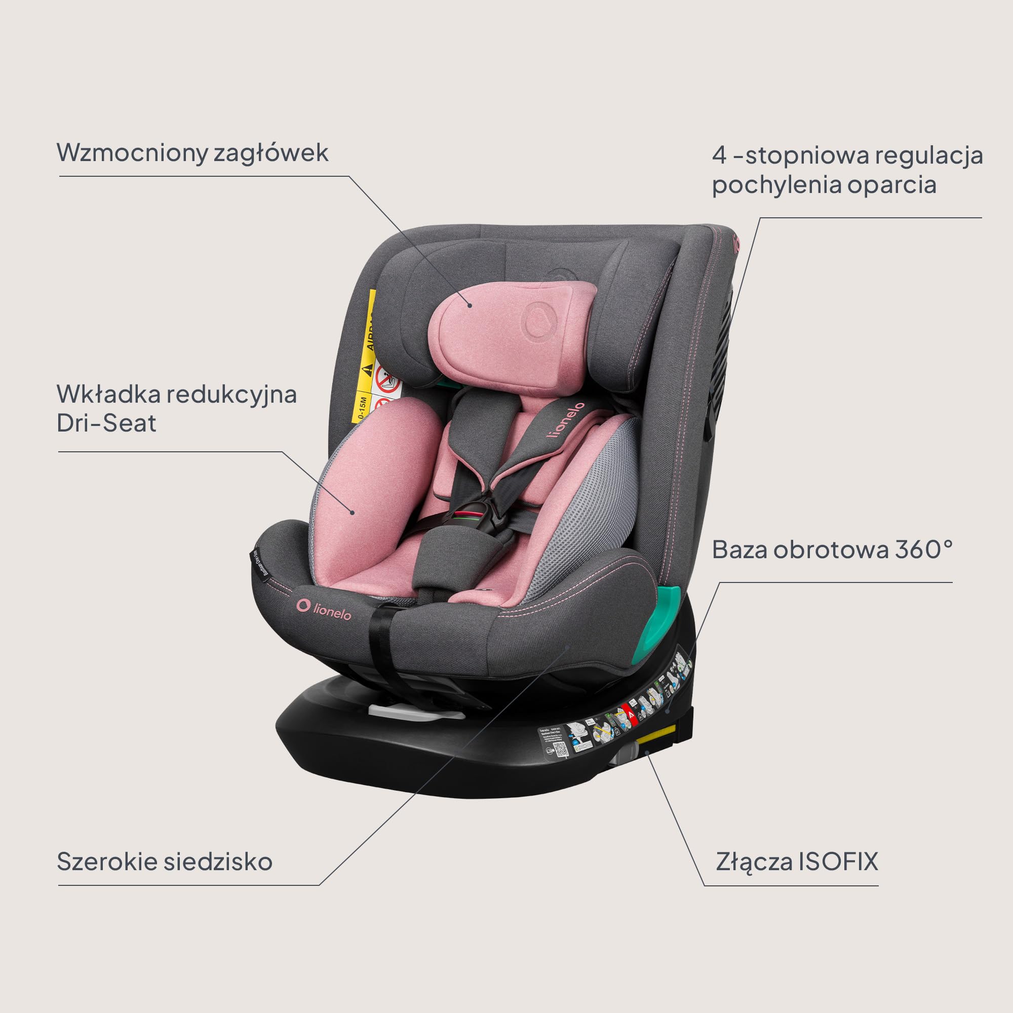 LIONELO Bastiaan i-Size Fotelik Samochodowy Obrotowy 360o dla Dzieci 0-36kg od 40-150 cm, Montaż Przodem i Tyłem, ISOFIX Pas TopTether, Pełna Regulacja Ochrona Boczna